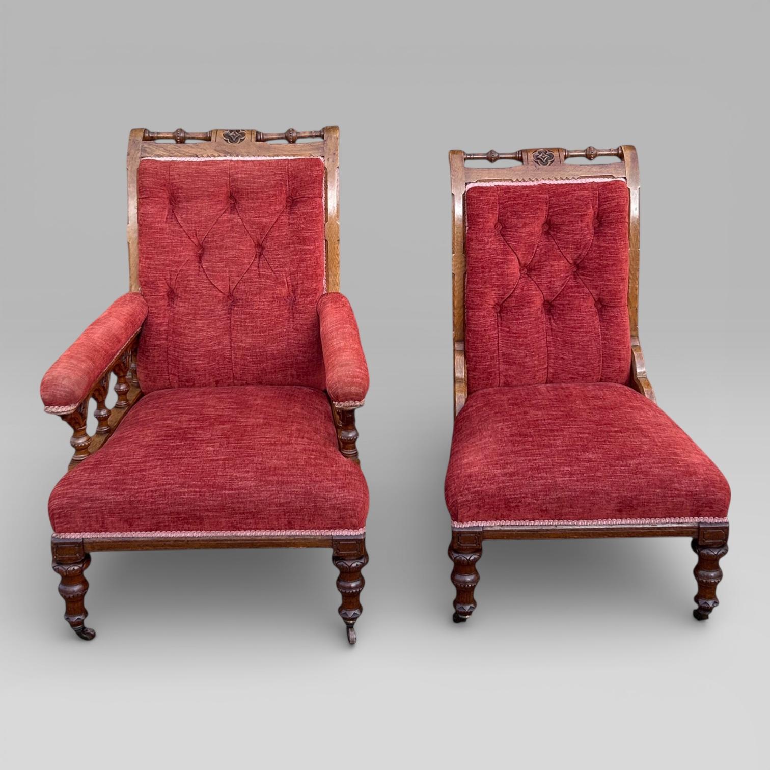 Antique Victorian Pair Of Ladies And Gentlemen’s Red Gothic Revival Oak Chairs (1 of 13) Antique Victorian Pair Of Ladies And Gentlemen’s Red Gothic Revival Oak Chairs (1 of 13)