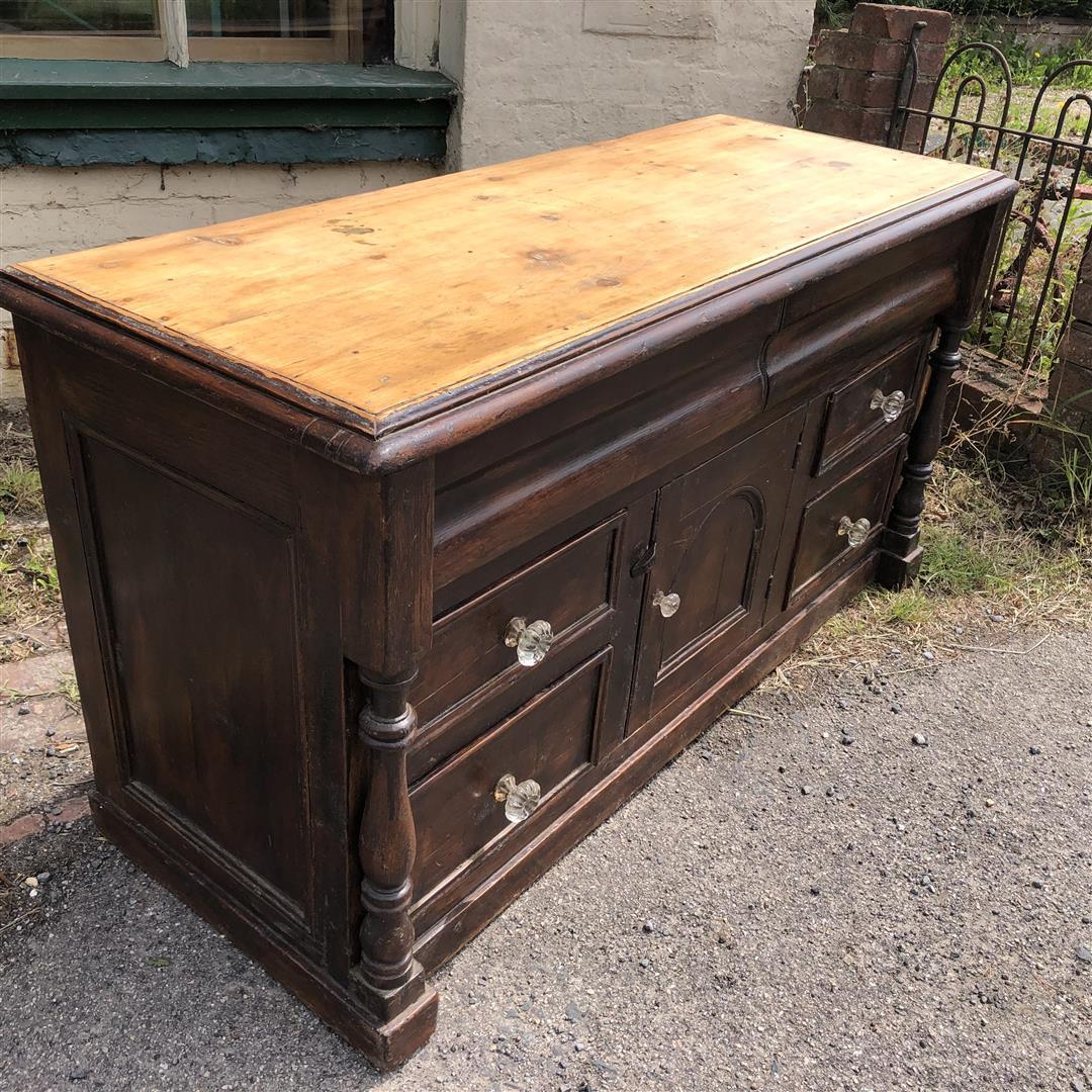 Antique Pine Long Dresser Base with Drawers & Door 19th Century (1 of 14)