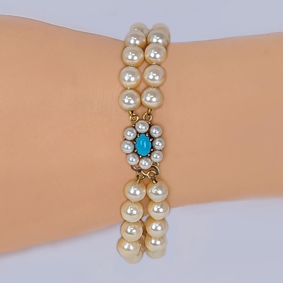 Vintage 1960s Double Strand Pearl Bracelet with 9ct Gold Turquoise Cluster Clasp (1 of 7)