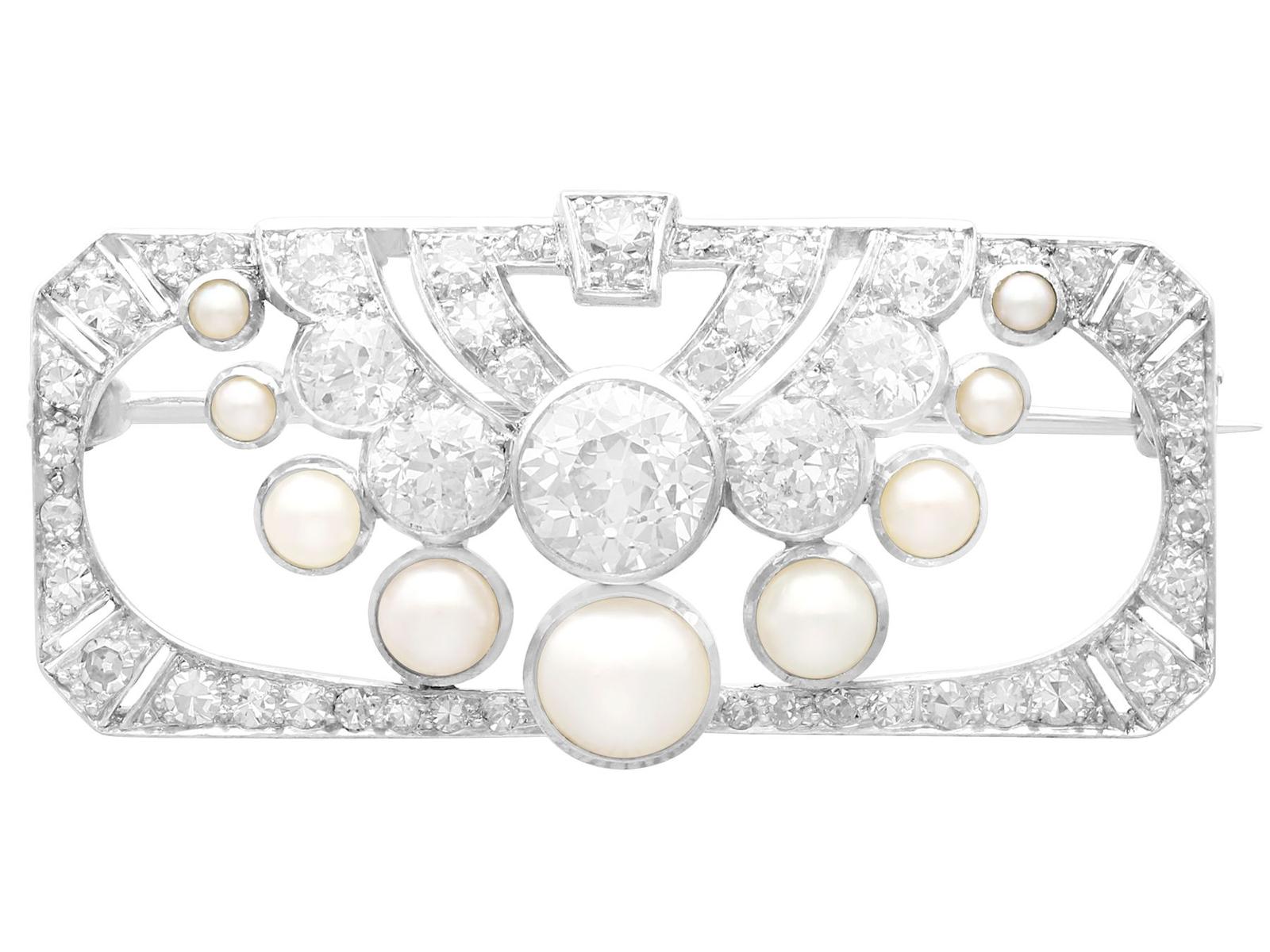 3.51ct Diamond & Pearl, Platinum Brooch - Art Deco (1 of 11)