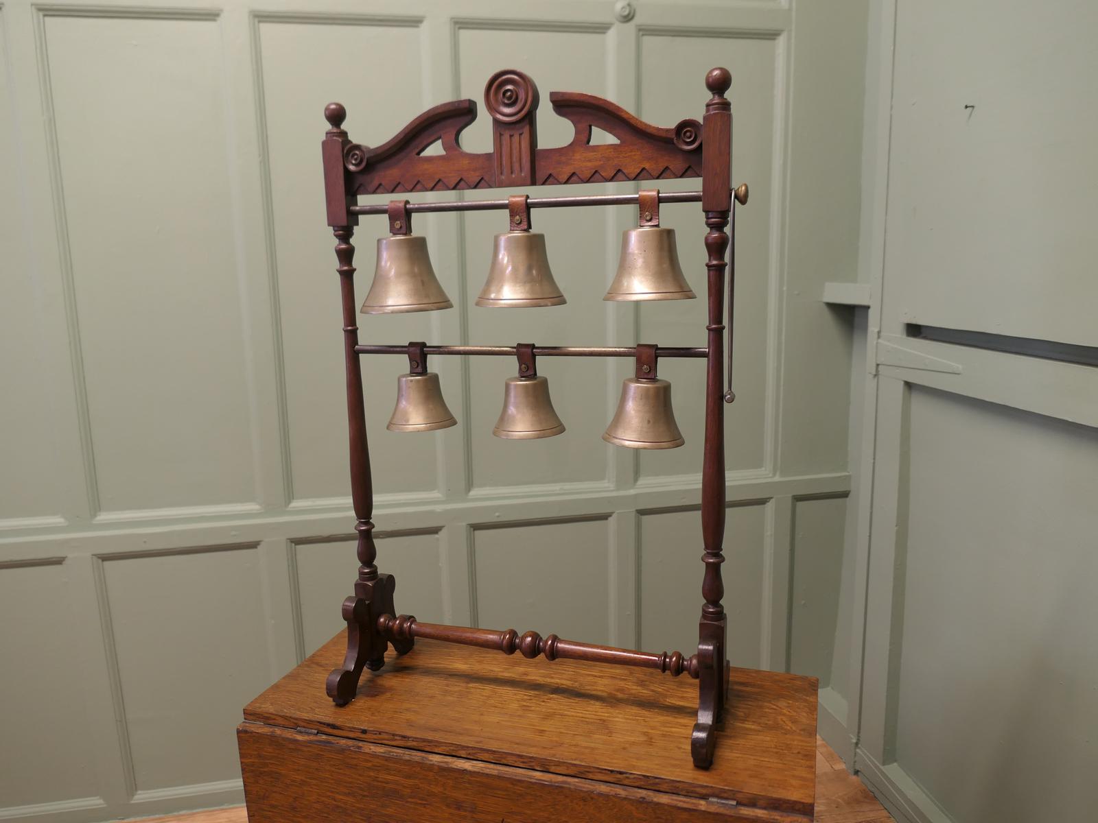 A 19th Century Walnut Rack of 6 Tuned Musical Brass Bells (1 of 5) A 19th Century Walnut Rack of 6 Tuned Musical Brass Bells (1 of 5)
