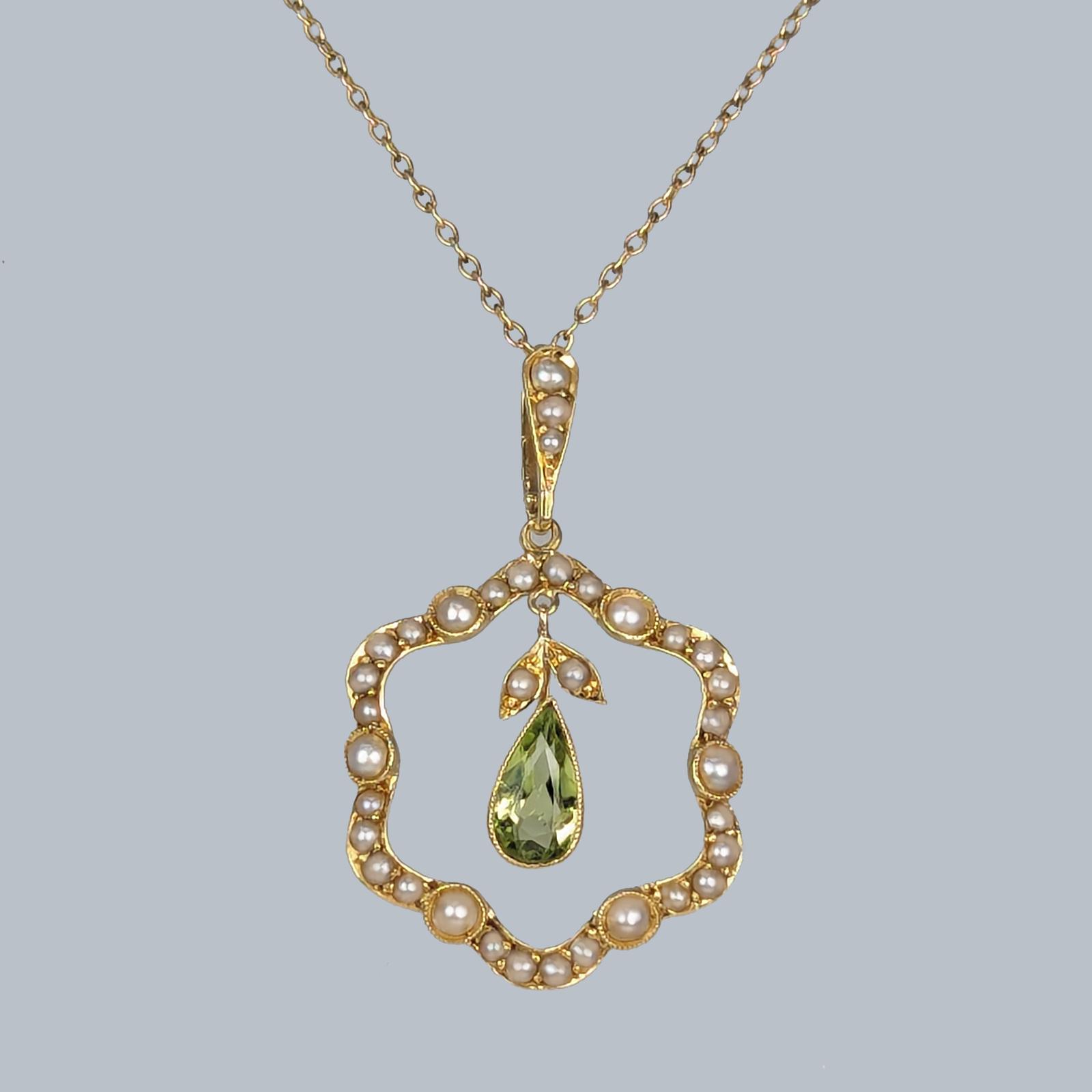 Murrle Bennett Peridot Seed Pearl 15ct Gold Art Nouveau Pendant Antique Necklace (1 of 7) Murrle Bennett Peridot Seed Pearl 15ct Gold Art Nouveau Pendant Antique Necklace (1 of 7)