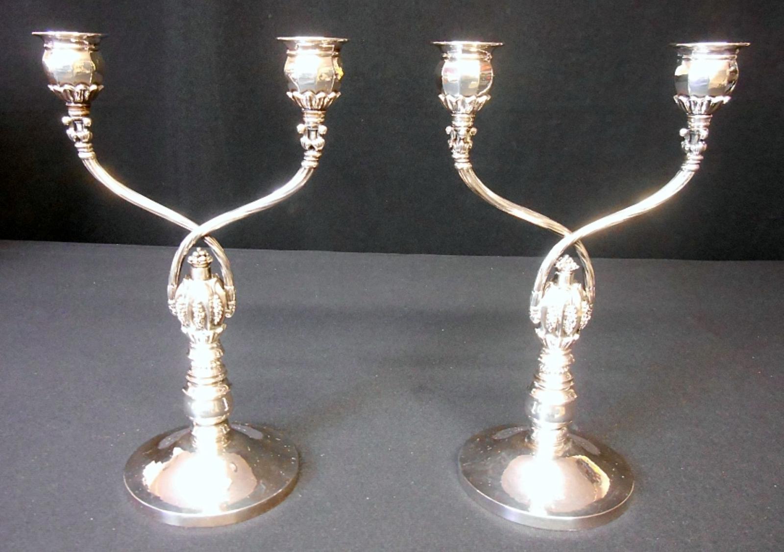 A Solid Silver Pair of 2-arm Candelabra, #343, Georg Jensen, Denmark c.1933 (1 of 10)