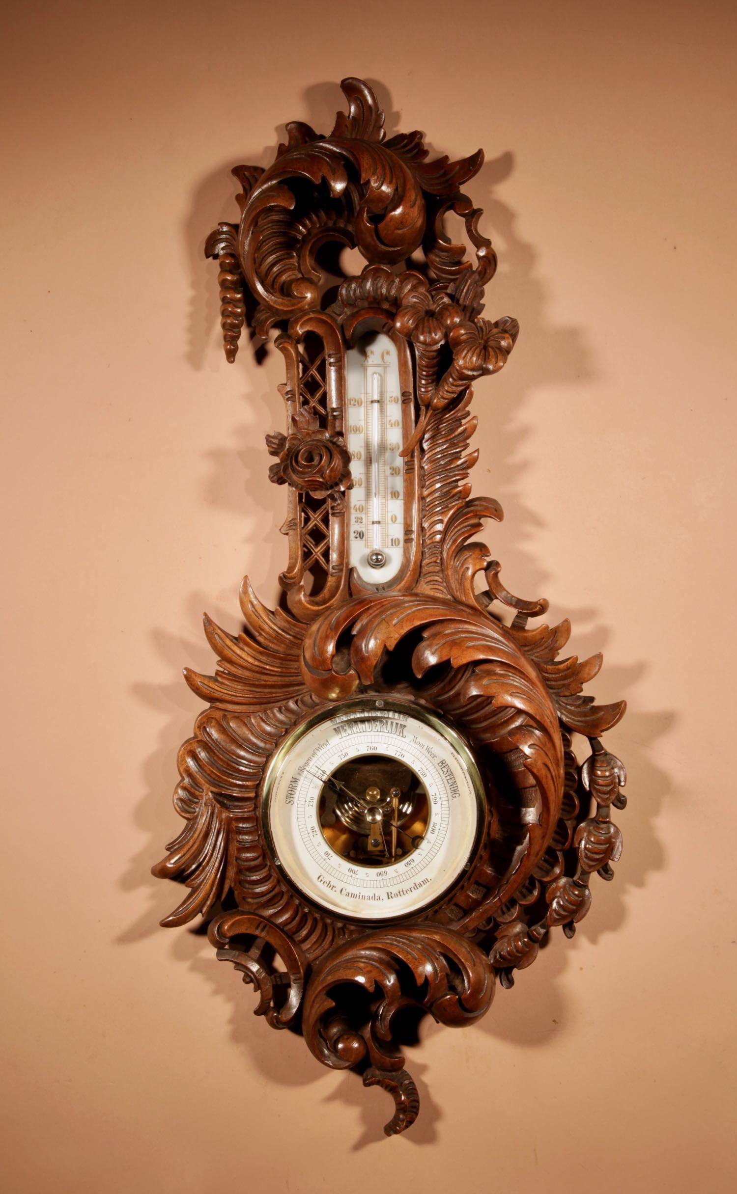 Black Forest Walnut Rocaile Very Fine Carved Aneroid Barometer Circa 1890 (1 of 10)