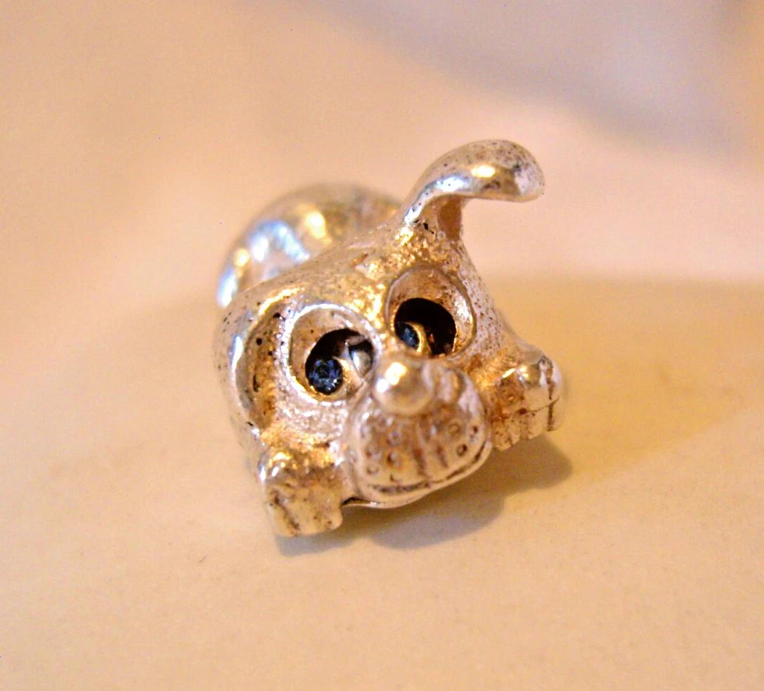 Silver Dog Charm Moving Glass Eyes 1960s Large Puppy Pendant 7.3 Grams (1 of 9)