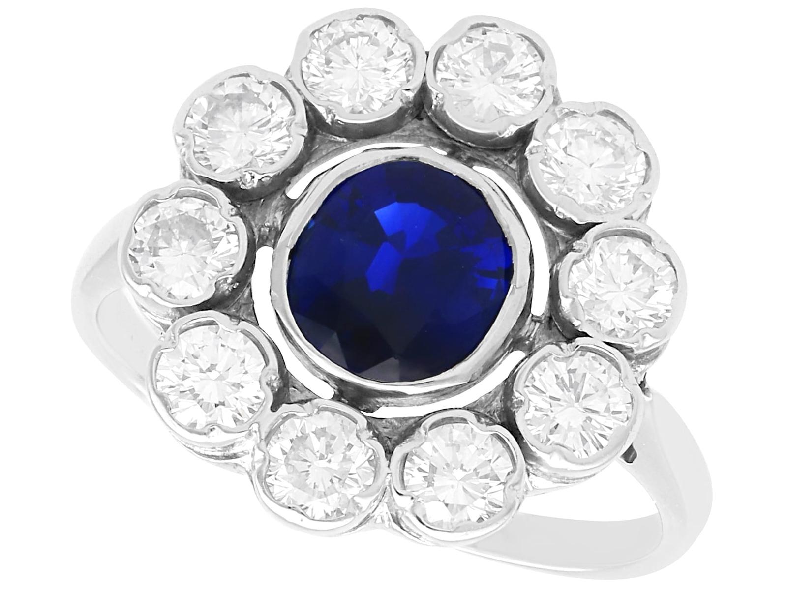 Vintage 0.82ct Sapphire & 0.65ct Diamond 18ct White Gold Cluster Ring c.1950 (1 of 9)