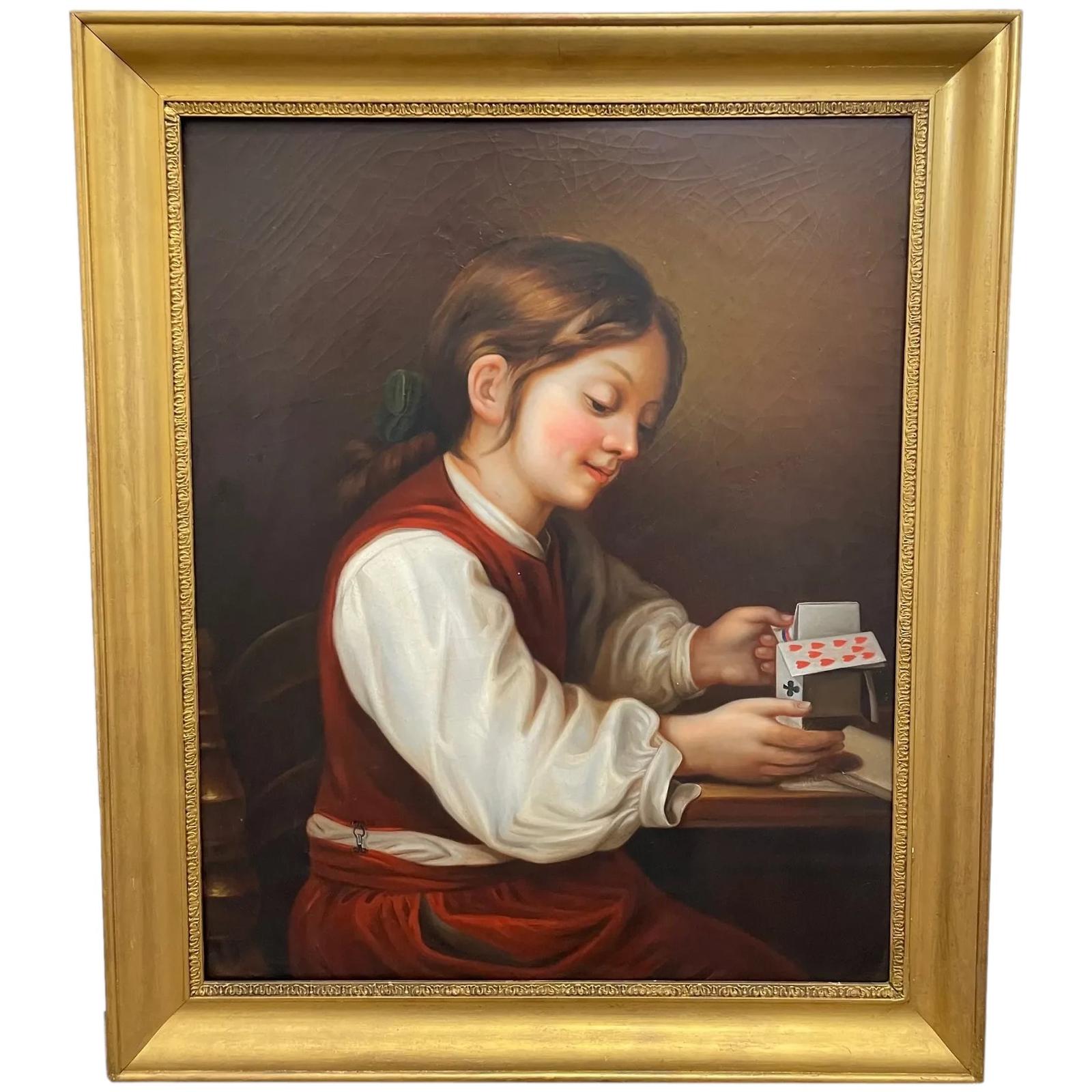 British Work of Art Early Victorian Oil Painting Girl Playing House of Cards (1 of 41)