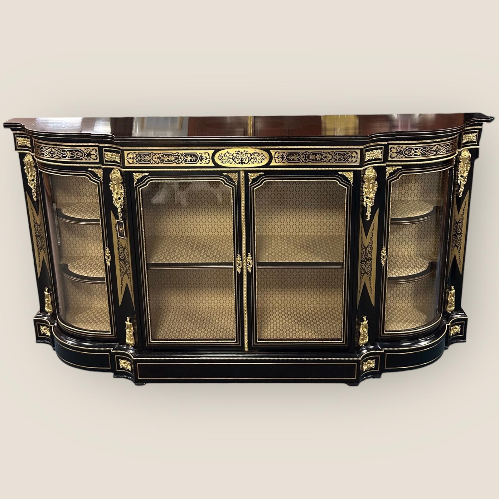 Antique Victorian Ebonised & Brass Ormolu Serpentine Boulle Credenza Sideboard (1 of 6)