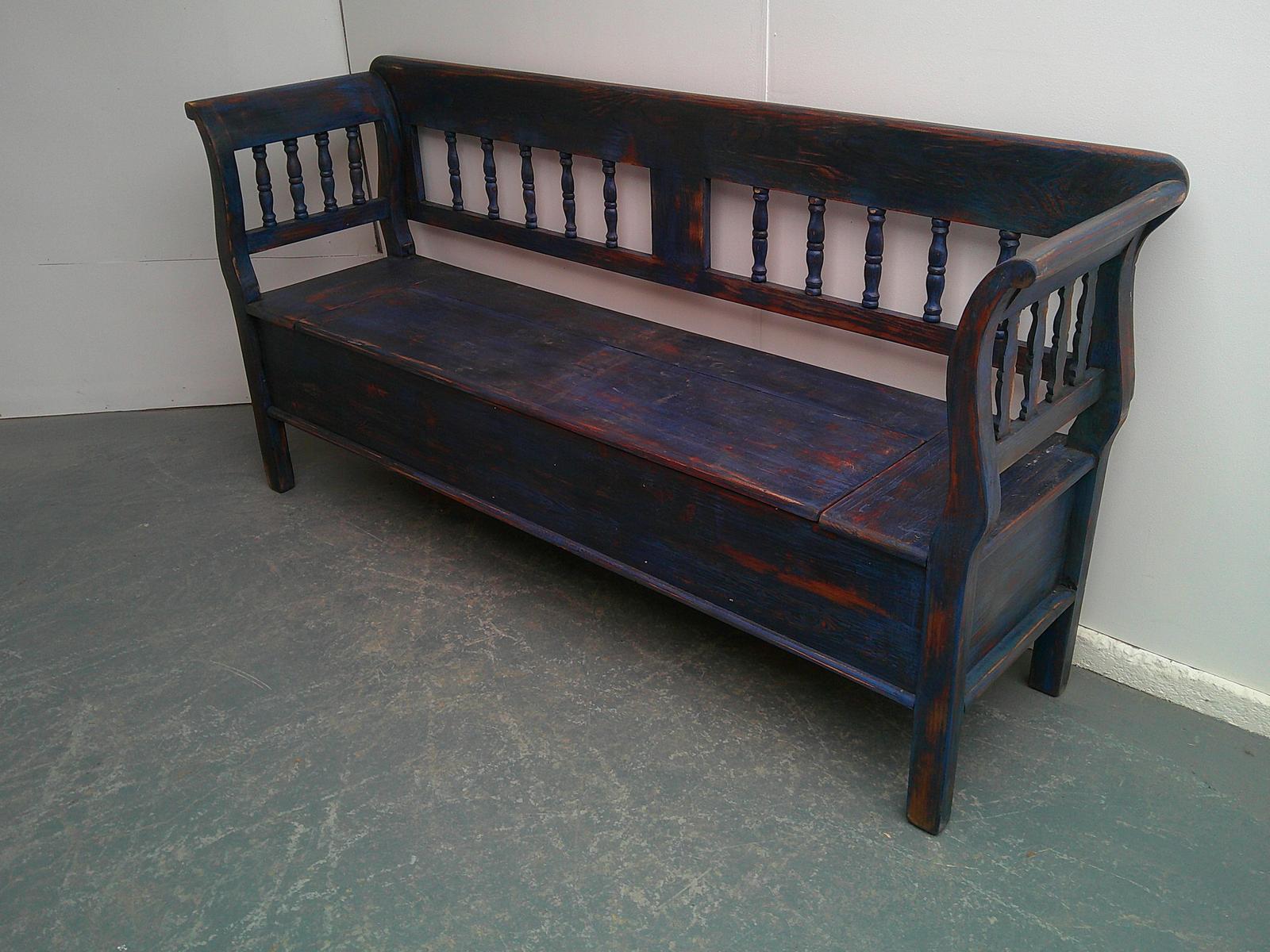 Cracking Painted Royal Blue & Red Antique Pine 3 Seater Box Settle / Bench (1 of 9)