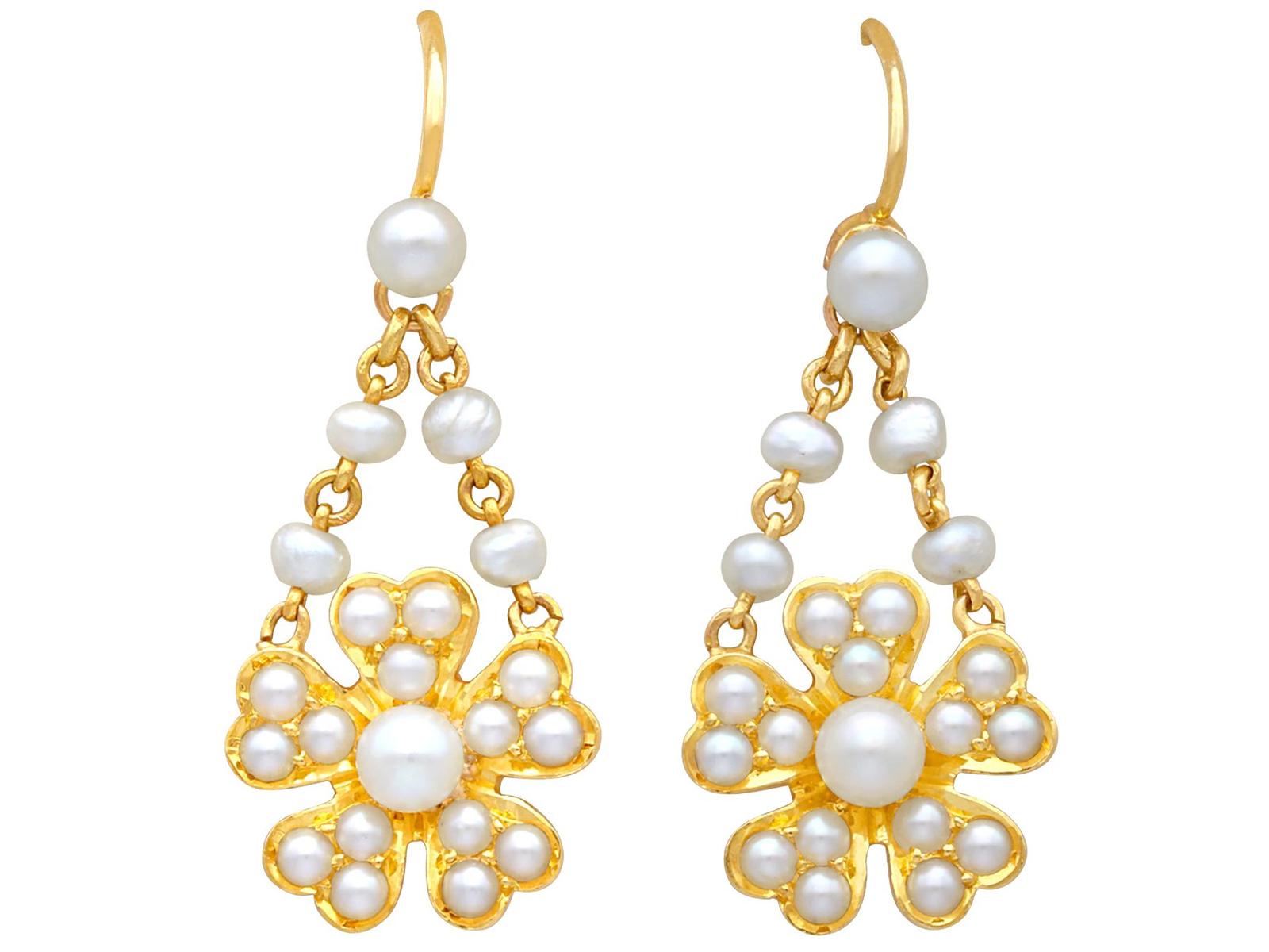 Seed Pearl & 18ct Yellow Gold Drop Earrings - Antique c.1890 (1 of 10)
