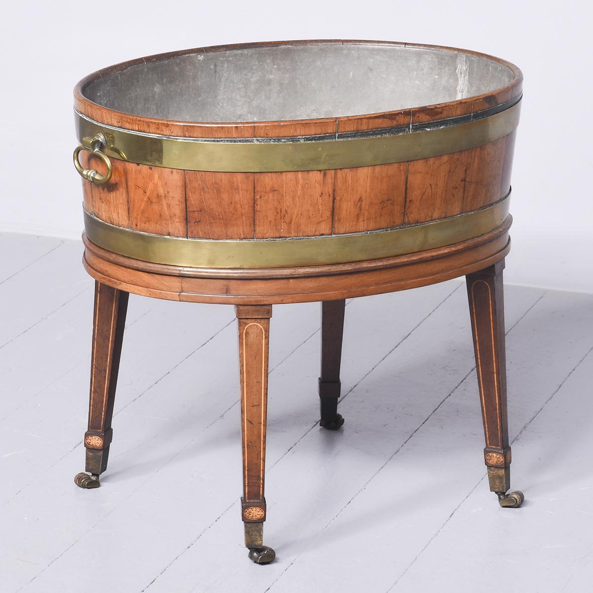 George III Brass-bound, Oval Open Wine Cooler on Stand with Original Zinc Liner (1 of 8)