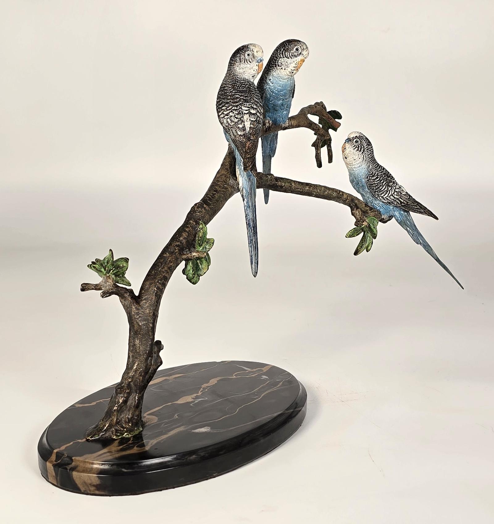 Austrian Cold Painted Bronze Budgerigars Perched on a Leafy Branch (1 of 18)