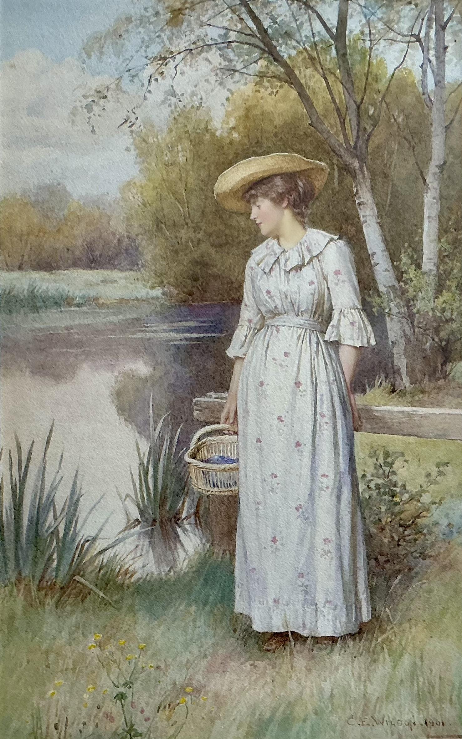 Charles Edward Wilson Watercolour ‘Lady Standing Beside A Lake’ (1 of 2)
