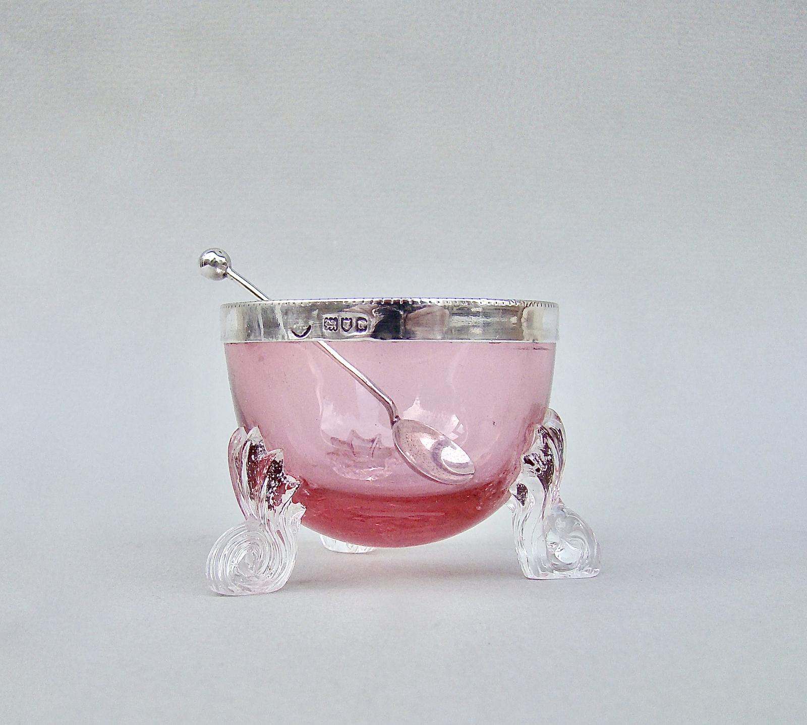 Victorian Silver Mounted Cranberry Glass Salt, London 1899 & Silver Salt Spoon (1 of 8) Victorian Silver Mounted Cranberry Glass Salt, London 1899 & Silver Salt Spoon (1 of 8)