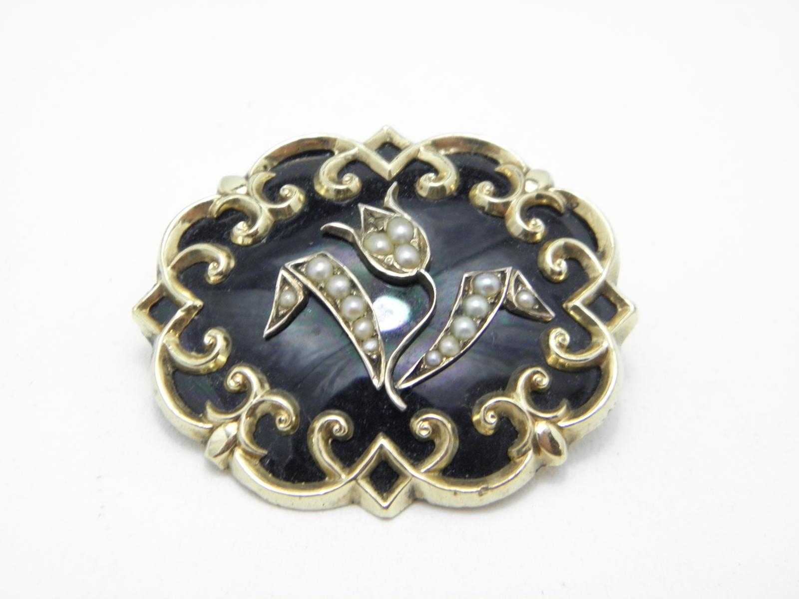 Antique 9ct Gold Pearl Enamel Mourning Brooch Pin c.1860 Heavy 17g (1 of 12)