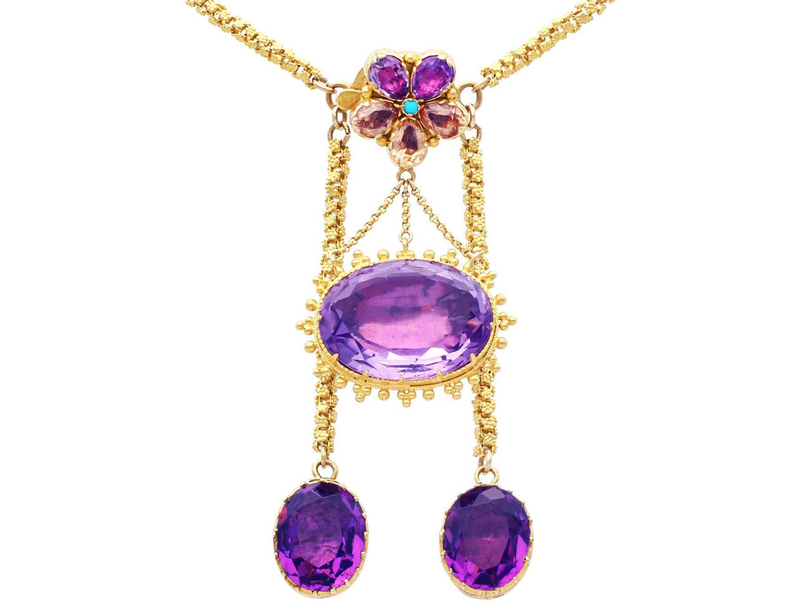 Antique Victorian 16.90ct Amethyst, 0.91ct Citrine & Turquoise, 20ct Yellow Gold Drop Necklace (1 of 9)