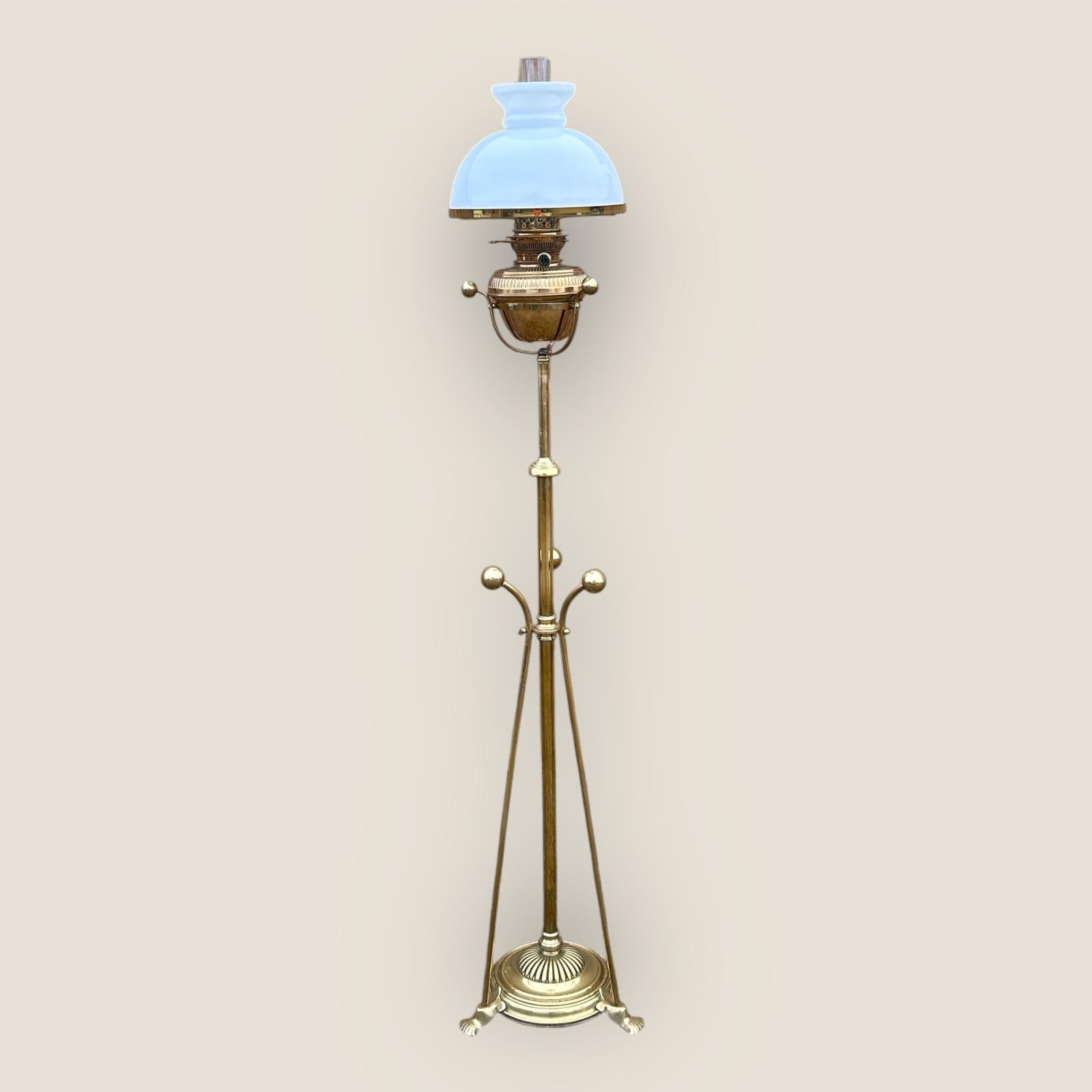 Antique Floor Standing Brass Pole Oil Lamp with White Glass Shade & Tripod Base (1 of 11)