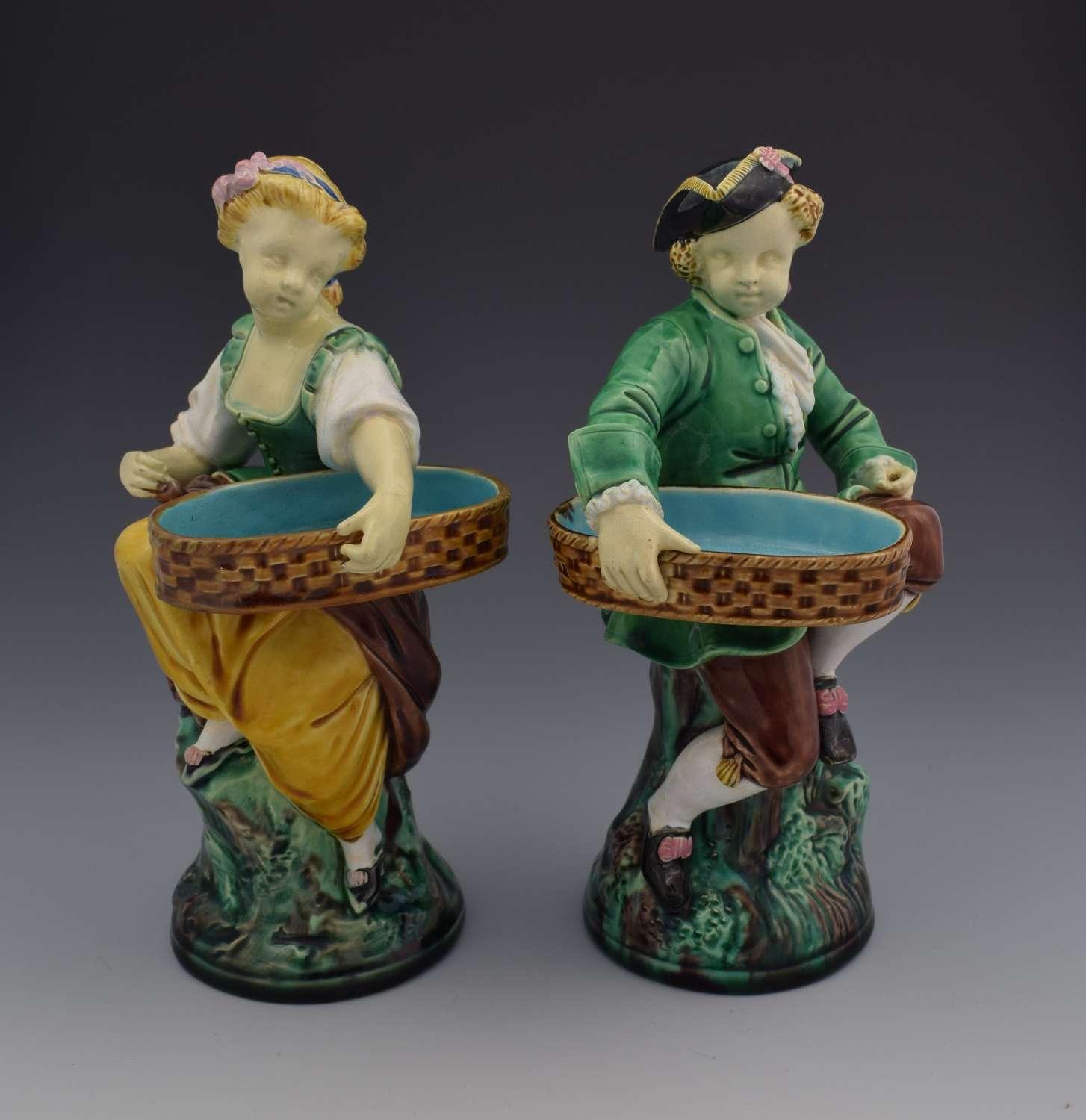 Pair of Victorian Minton Majolica Hogarth Girl & Boy Match Holders (1 of 8)