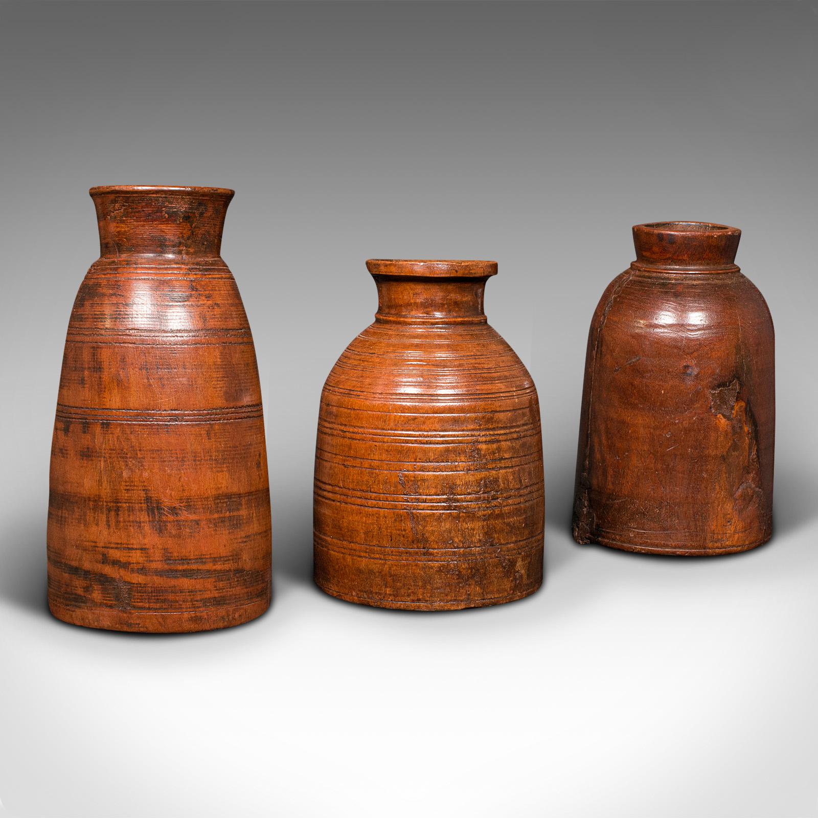 Trio of Antique Tribal Vases, Indian, Hardwood, Accent Jar, Rustic, Victorian (1 of 10)