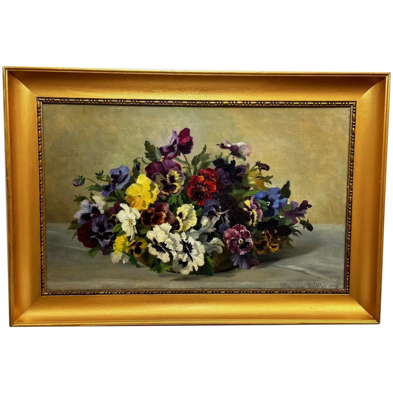 Danish Oil Painting Still Life "Pansies" Flowers Signed Emma Løffler (1843-1929) (1 of 41)