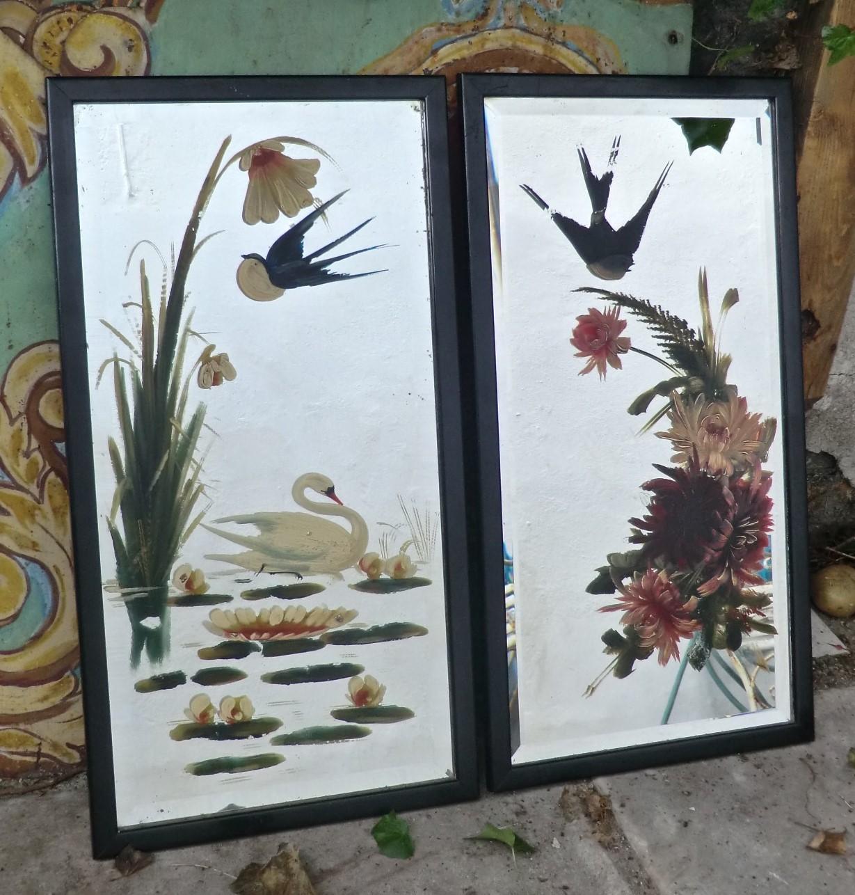 Pair of Vintage Bevelled & Painted Pub Mirrors in Ebonised Frames (1 of 8)