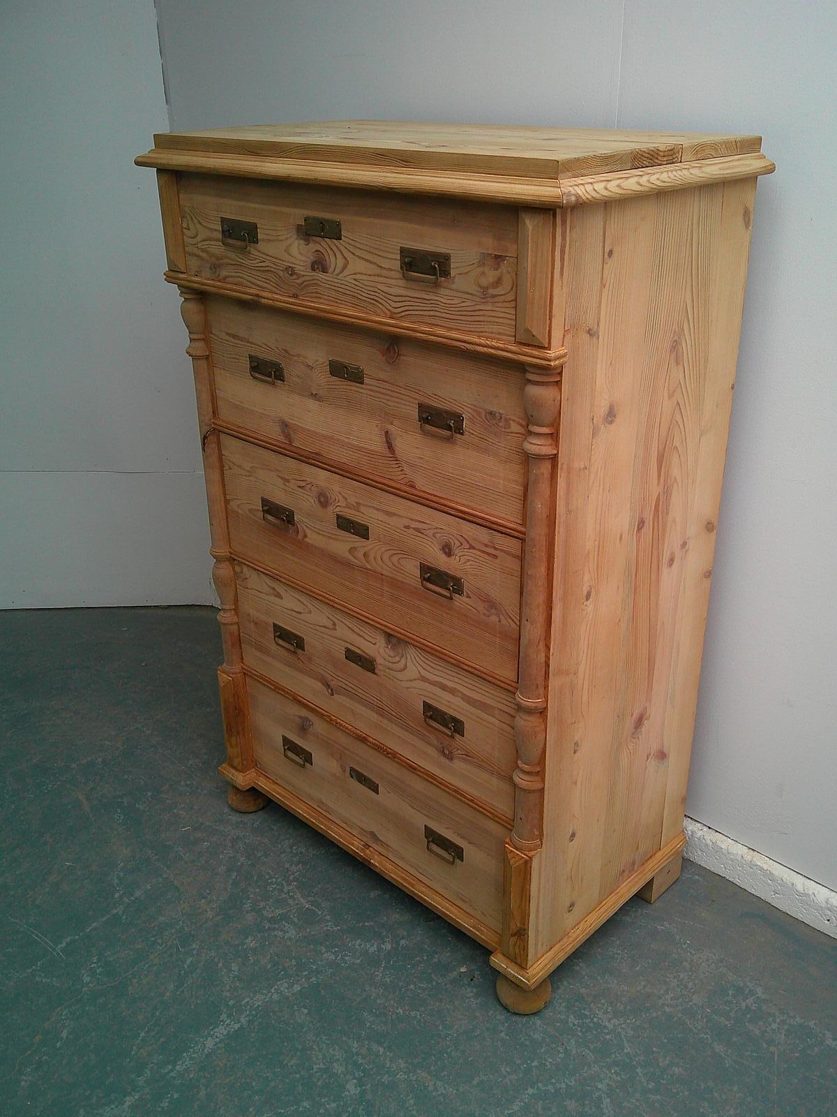 A Shallow Victorian Antique Pine 5 Drawer Columned Chest of Drawers to Wax/paint (1 of 12)