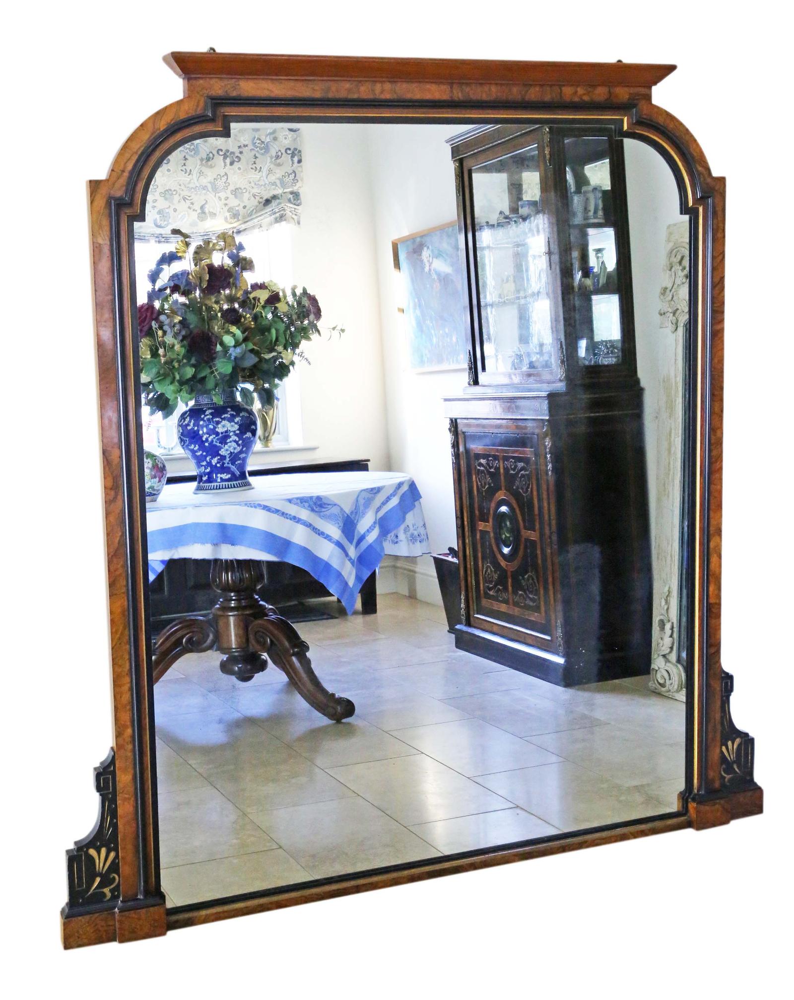 Antique c.1880 Aesthetic Burr Walnut and Ebonised Overmantle Wall Mirror - Very Large, Fine Quality (1 of 7)