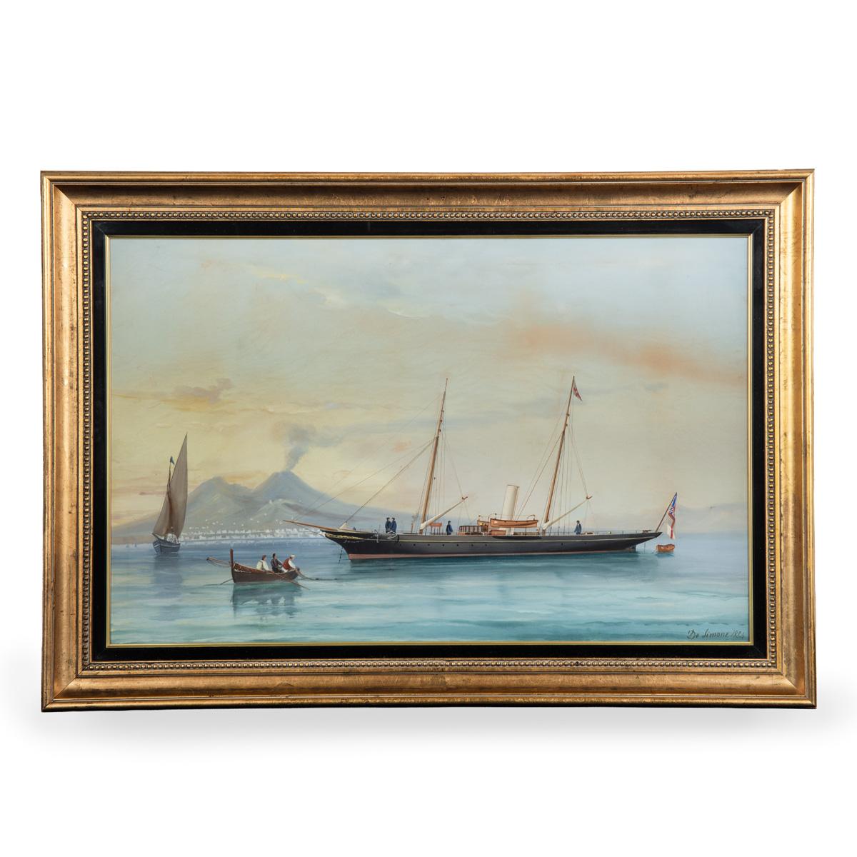 Fine Gouache of the Twin Masted Steam Yacht Geraldine at Anchor of the Bay of Naples with Mount Vesuvius in the Background - Signed De Simone 1884 (1 of 4) Fine Gouache of the Twin Masted Steam Yacht Geraldine at Anchor of the Bay of Naples with Mount Vesuvius in the Background - Signed De Simone 1884 (1 of 4)