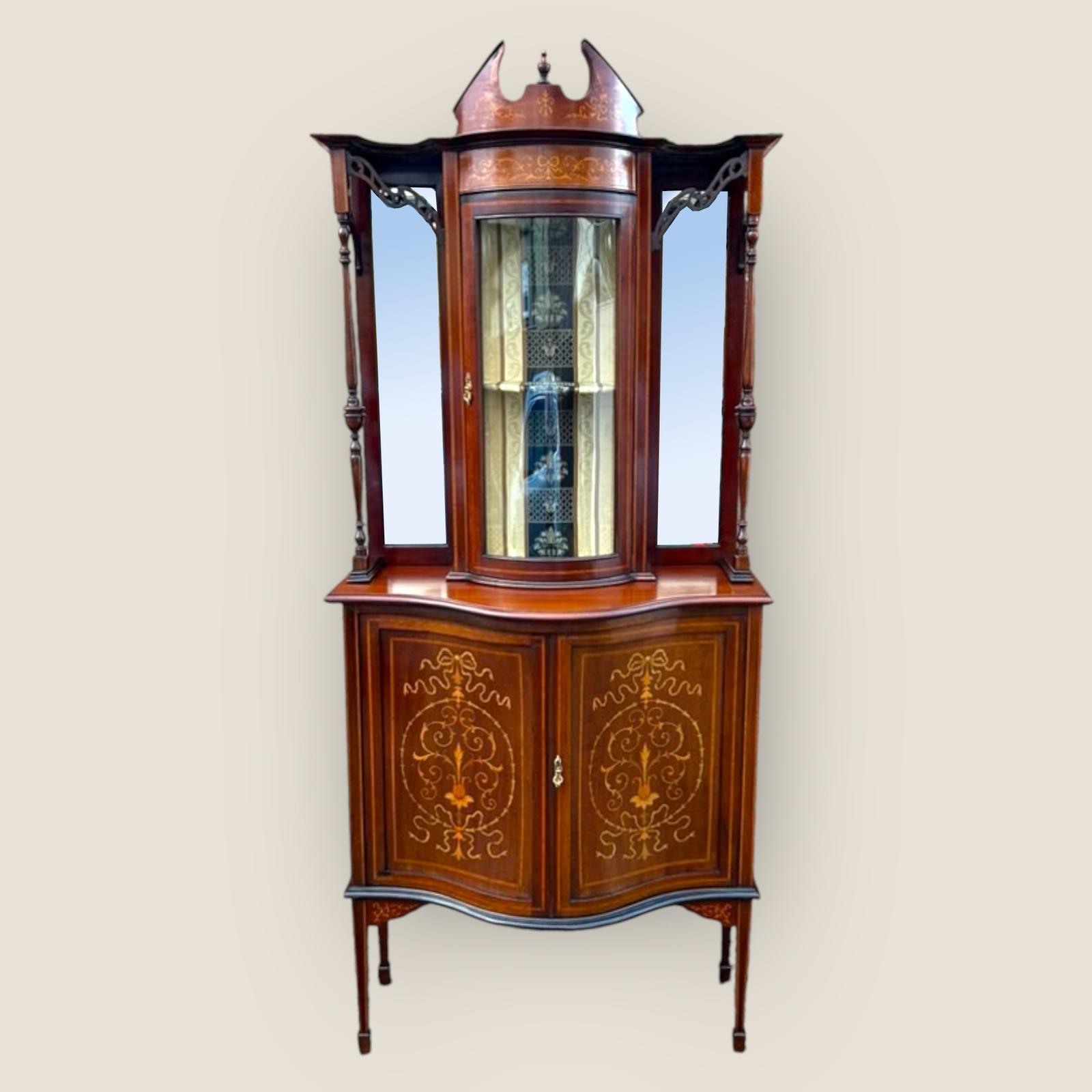 Antique Edwardian Mahogany & Satinwood Inlaid Glass Display Cabinet & Cupboard (1 of 10)