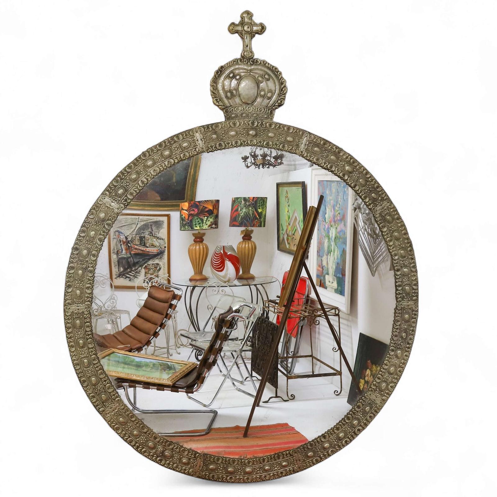 Highly Decorative Bolivian Silver Repoussé Circular Mirror with Ecclesiastical Crest (1 of 12)
