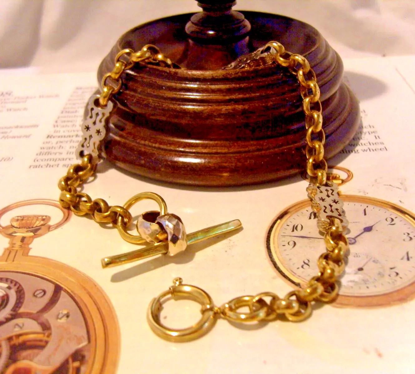 Victorian Pocket Watch Chain Brass & Silver Nickel Fancy Antique Albert with T Bar (1 of 16)