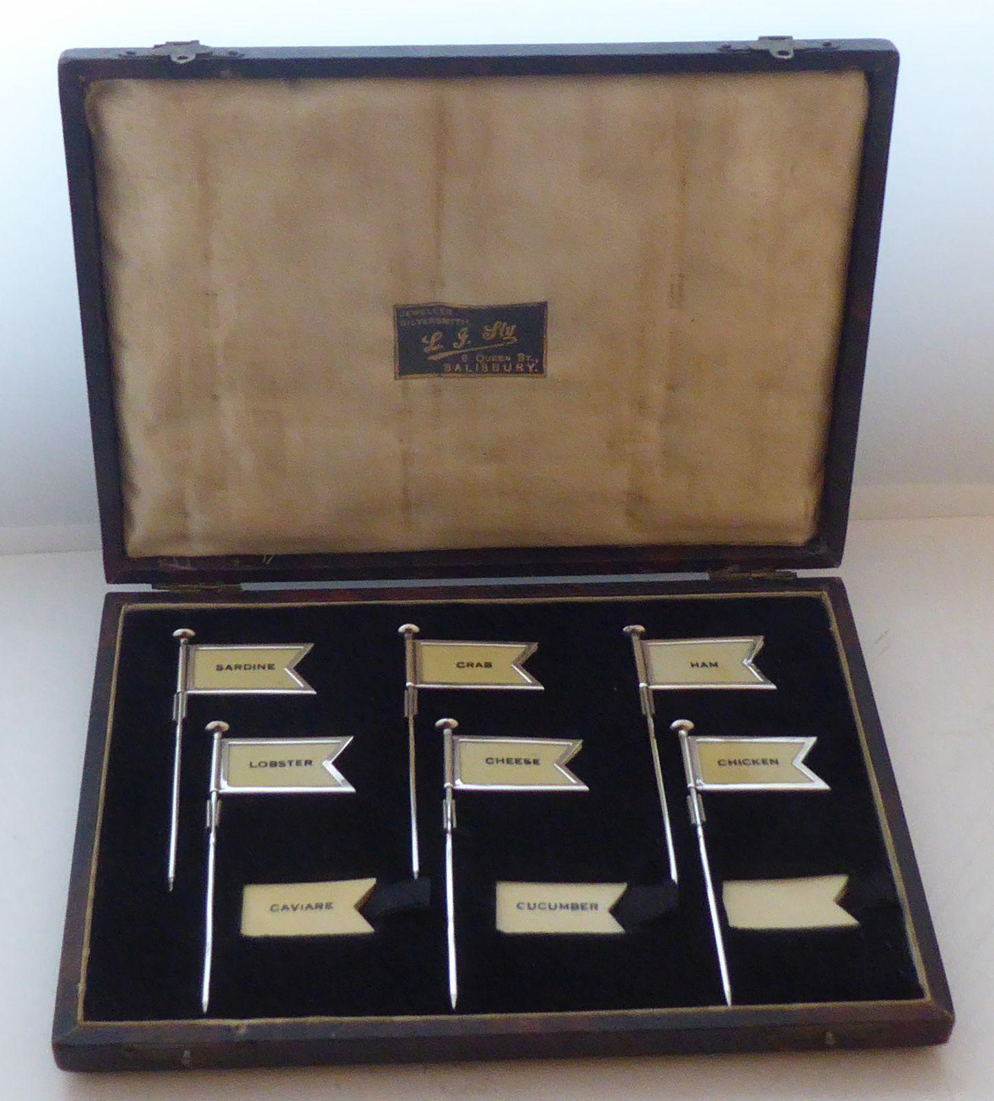 Antique Set 6 Hallmarked 1928 Silver Sandwich Buffet Flags 16 Markers (1 of 12)