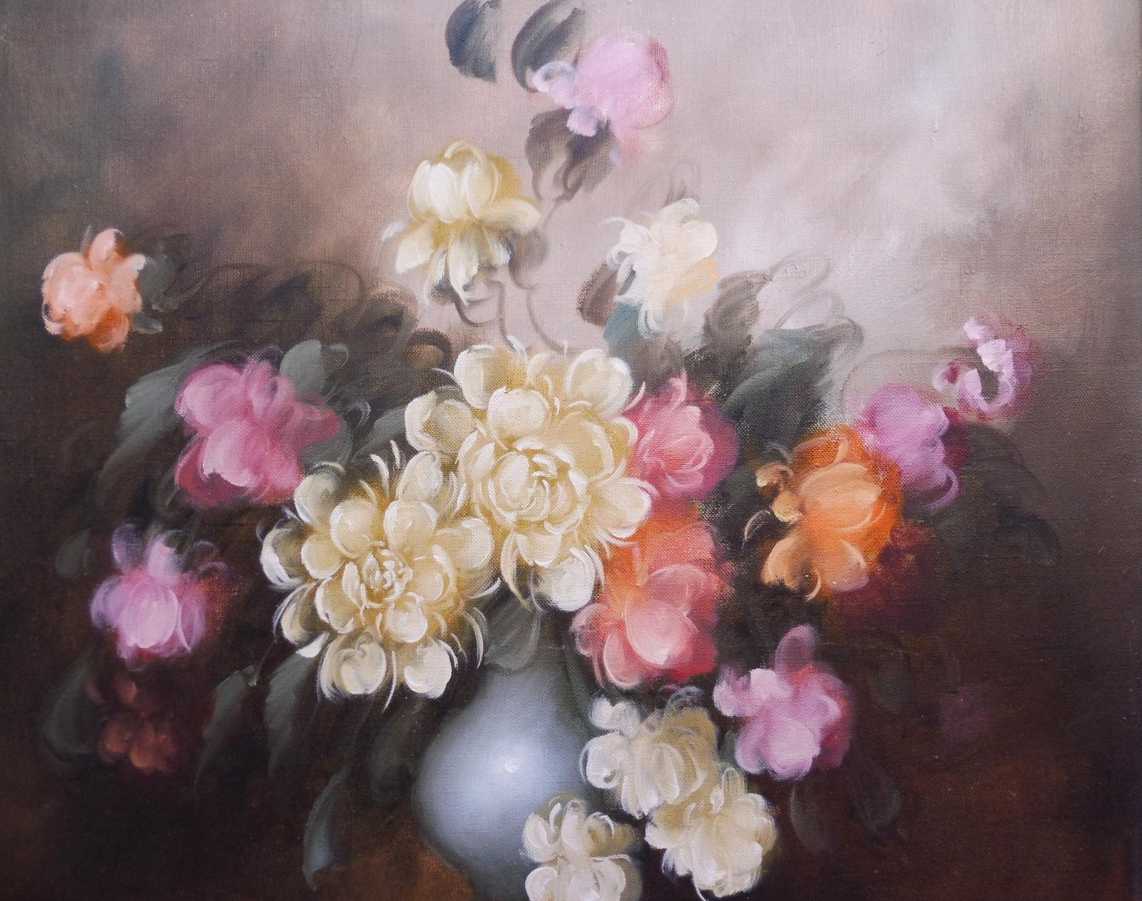 Large Oil on Canvas Bowl of Roses Signed (free Shipping to Mainland England (1 of 12)