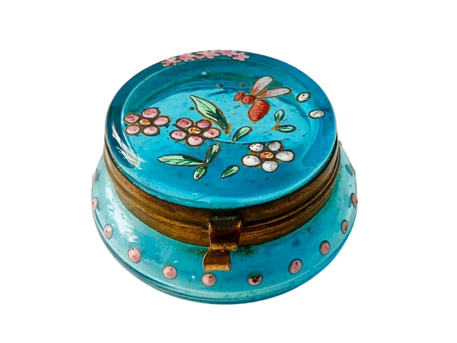 Antique Turquoise Blue Glass & Enamel Trinket Pot / Dressing Table Box c.1880 (1 of 8)