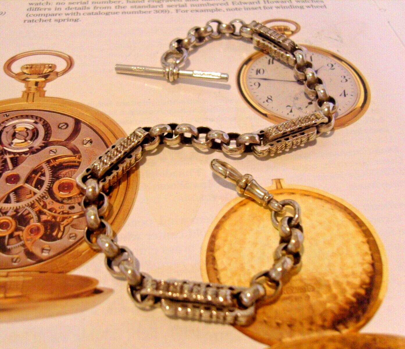 Pocket Watch Chain Victorian Big Silver Nickel Antique 1890 Albert & T Bar (1 of 13)