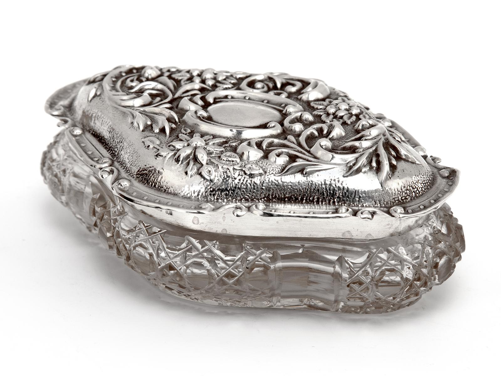 Edwardian Silver & Cut Glass Jewellery Jar with a Floral and Scroll Embossed Pull Off Lid (1 of 6)