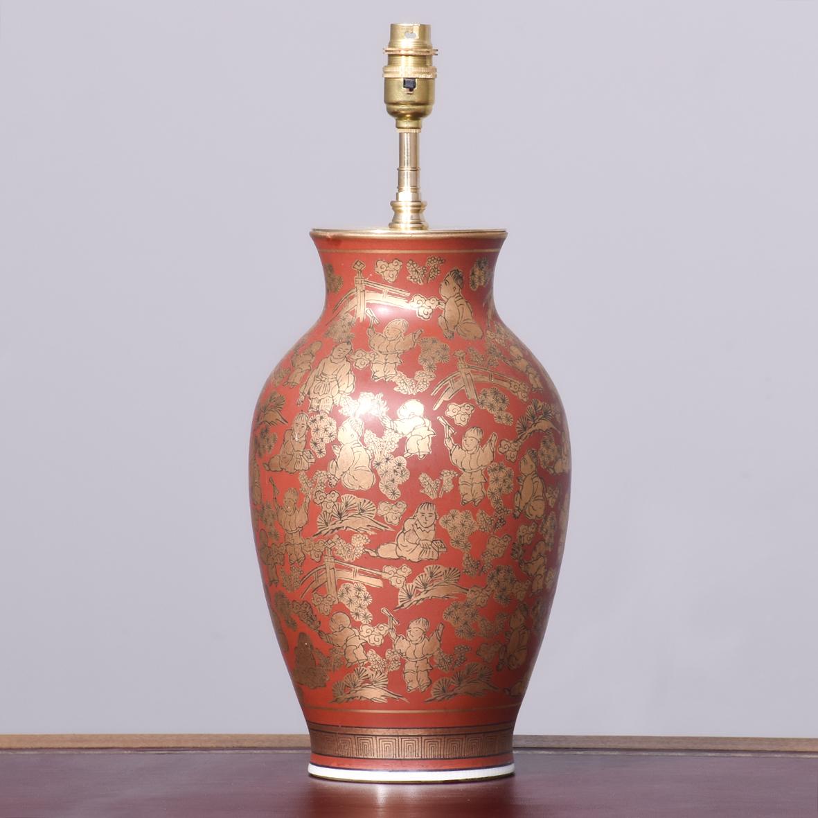 Hand-painted Gilt-decorated, Dark Red Japanese Porcelain Vase Converted to Lamp (1 of 8)