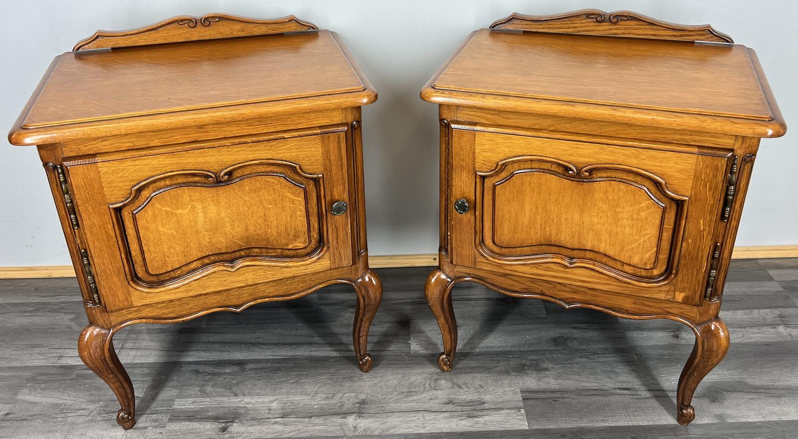 Pair of  Bedside Tables Vintage French Style Oak Nightstands Carved Cabinets (1 of 12)