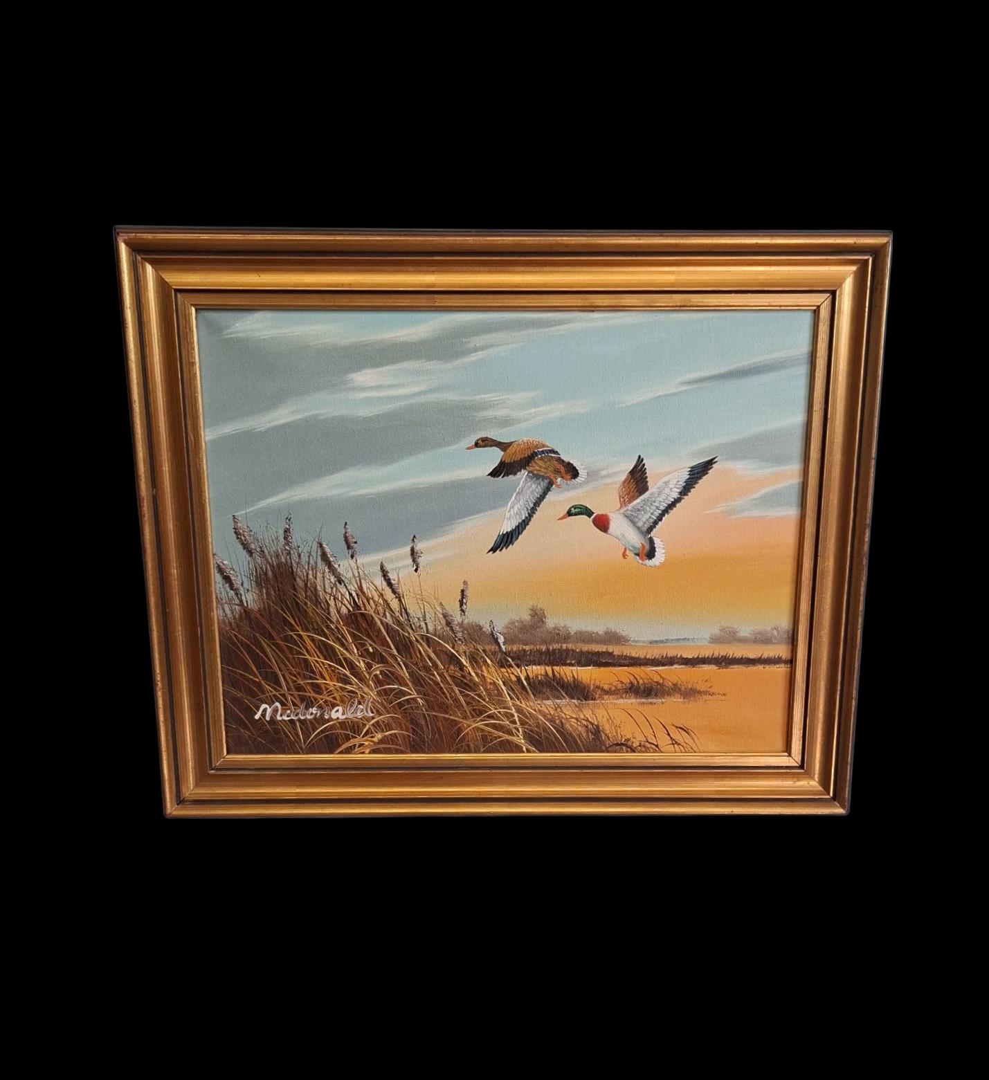 Framed Oil on Canva Mallard Ducks in Flight by Artist "McDonald" (1 of 3)