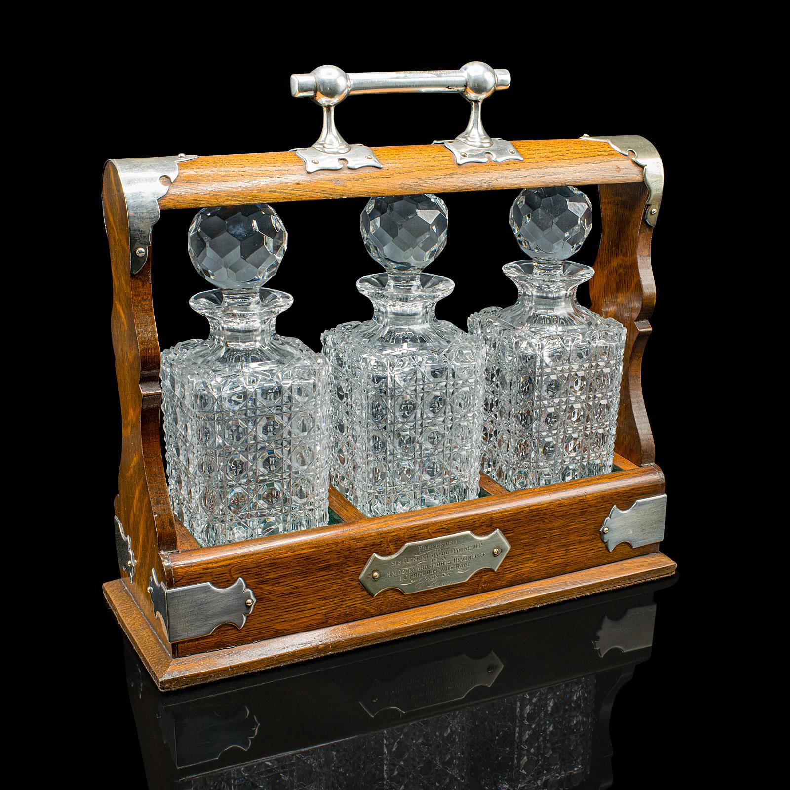 Antique Three Decanter Tantalus, English, Oak, Drinks Caddy - Edwardian c.1910 (1 of 12)