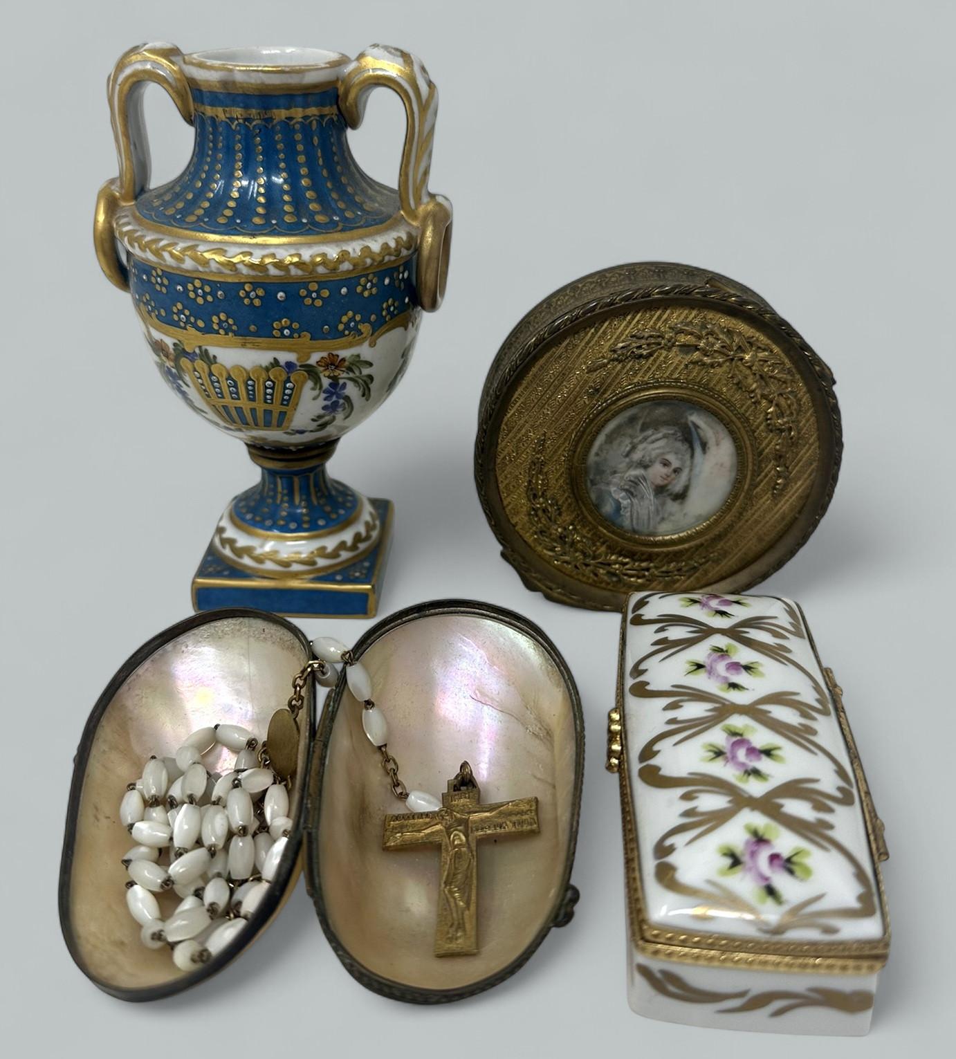 Antique French Ormolu Casket Jewellery Box Sevres Urn Vase Religious Rosary Beads (1 of 11)