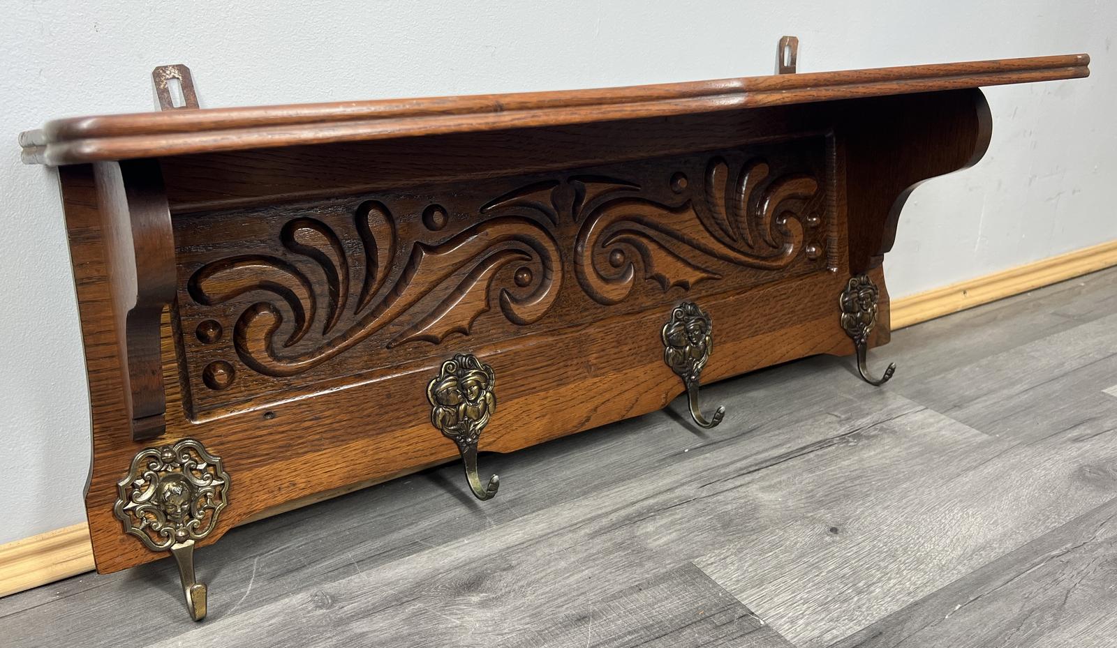 Vintage French Oak Coat Rack 4 Brass Hooks Carved Wall Shelf (1 of 10)