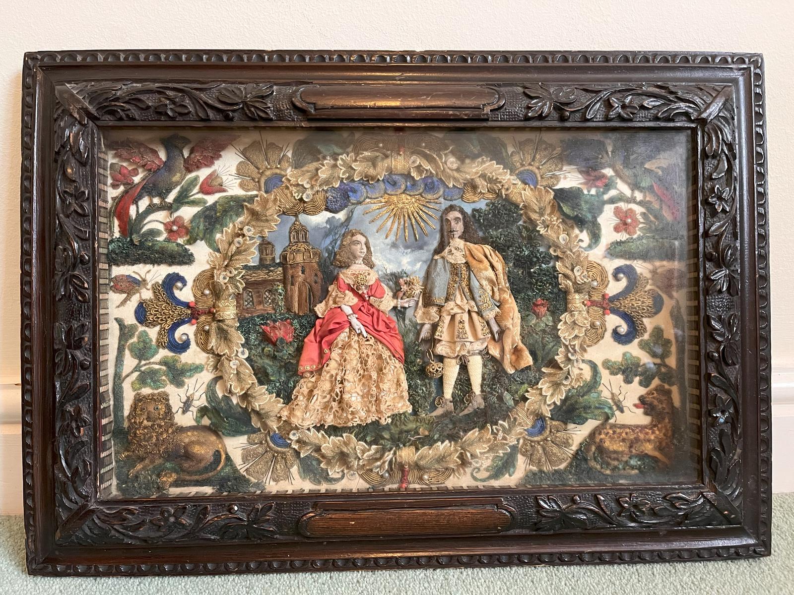 Stuart Period Stump Work Panel King Charles II & Mistress (1 of 4)