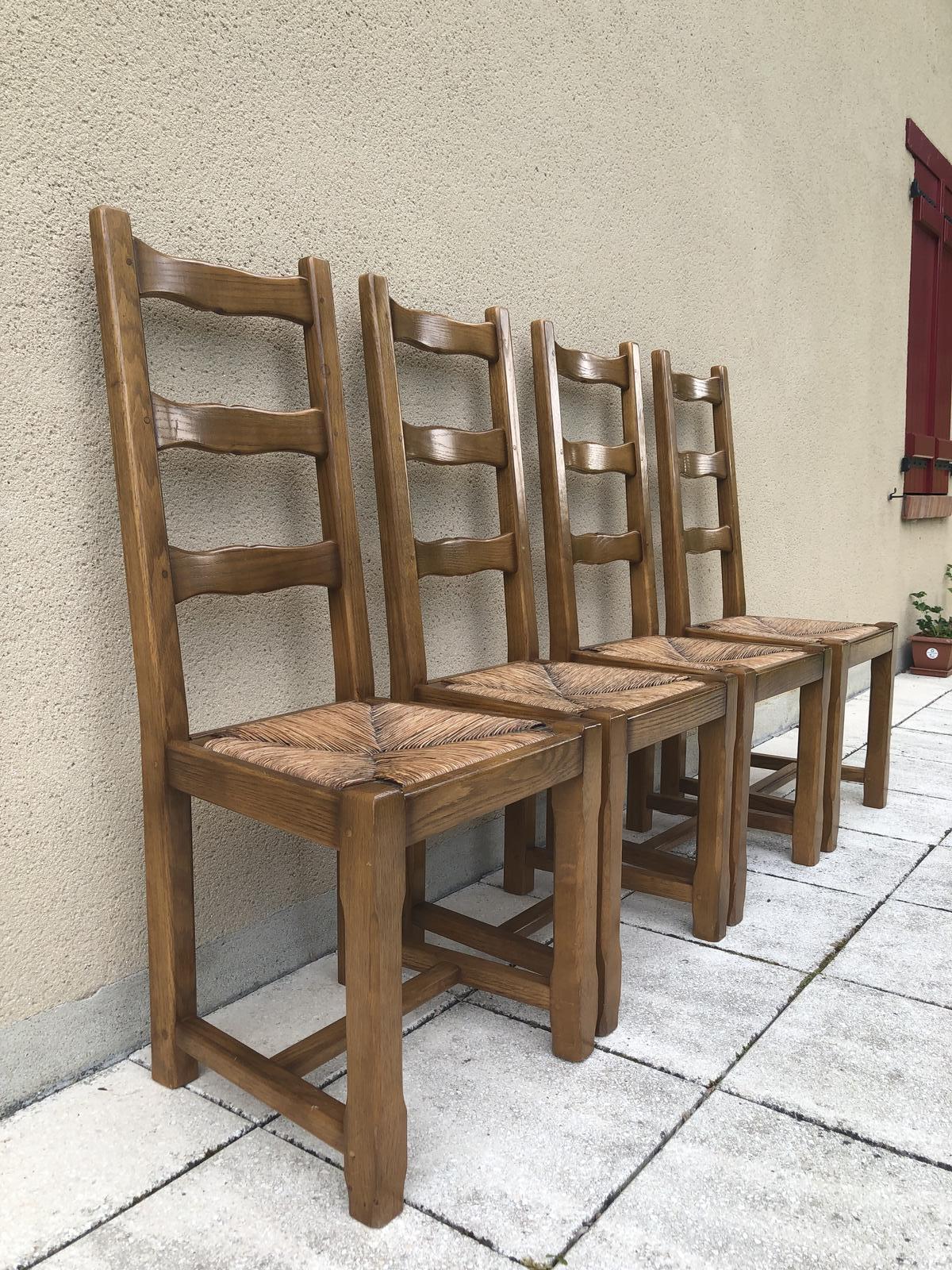 4 Solid Oak French Ladder Back Rush Seats Dining Chairs (1 of 18)