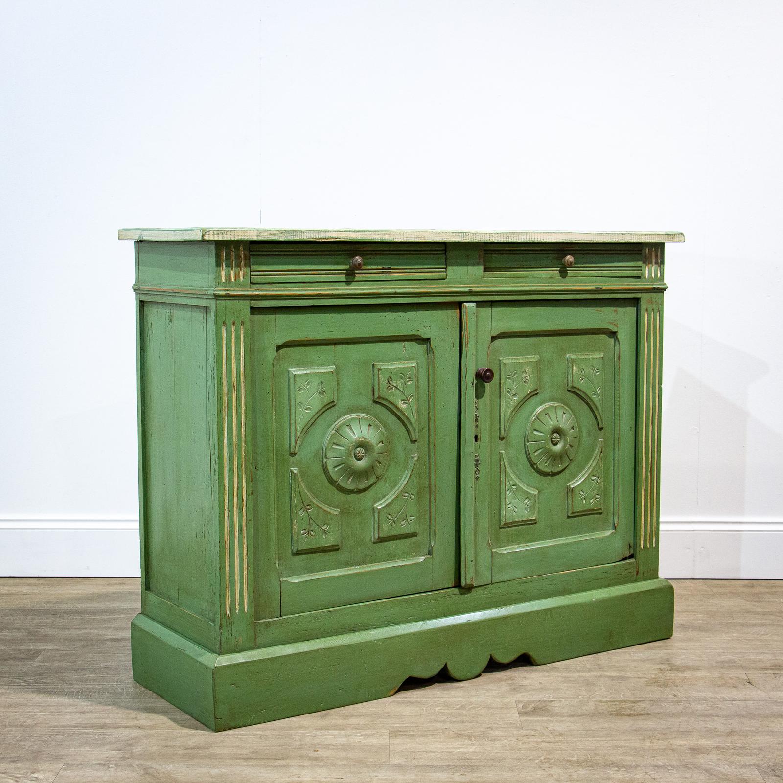 Rustic French Green Painted Cupboard with Carved Doors (1 of 12)