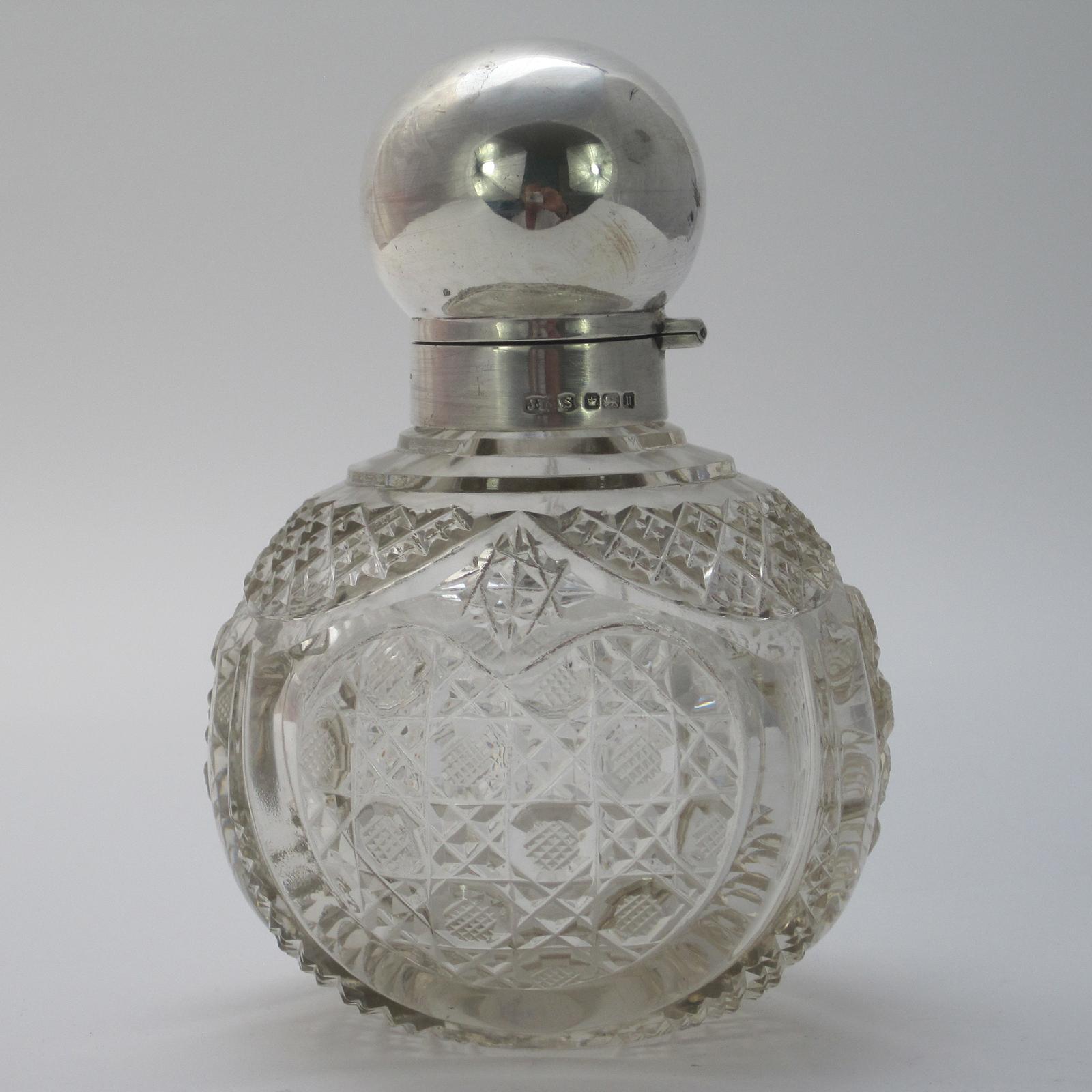 Silver & Cut Glass Perfume Bottle with Plain Ball Shaped Hinged Lid (1 of 5)