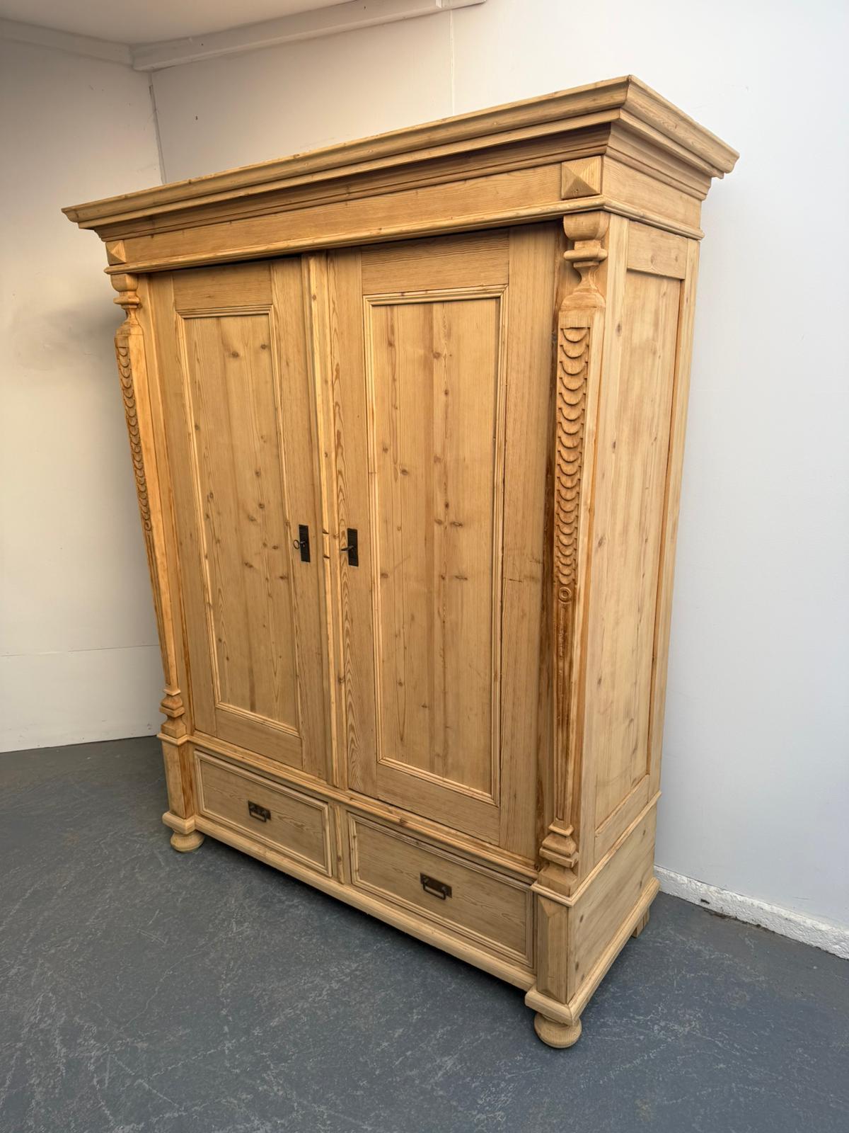 Carved Arts & Crafts Antique Pine 2 Door Knockdown Wardrobe to wax / paint (1 of 11)