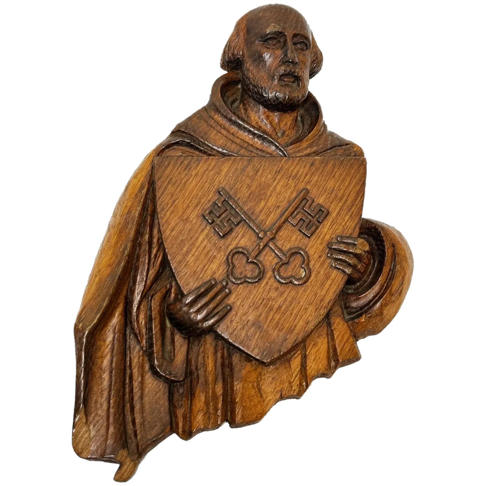 19th Century Carved Religious Figure Saint Holding Shield Crossed Keys of Heaven (1 of 48) 19th Century Carved Religious Figure Saint Holding Shield Crossed Keys of Heaven (1 of 48)