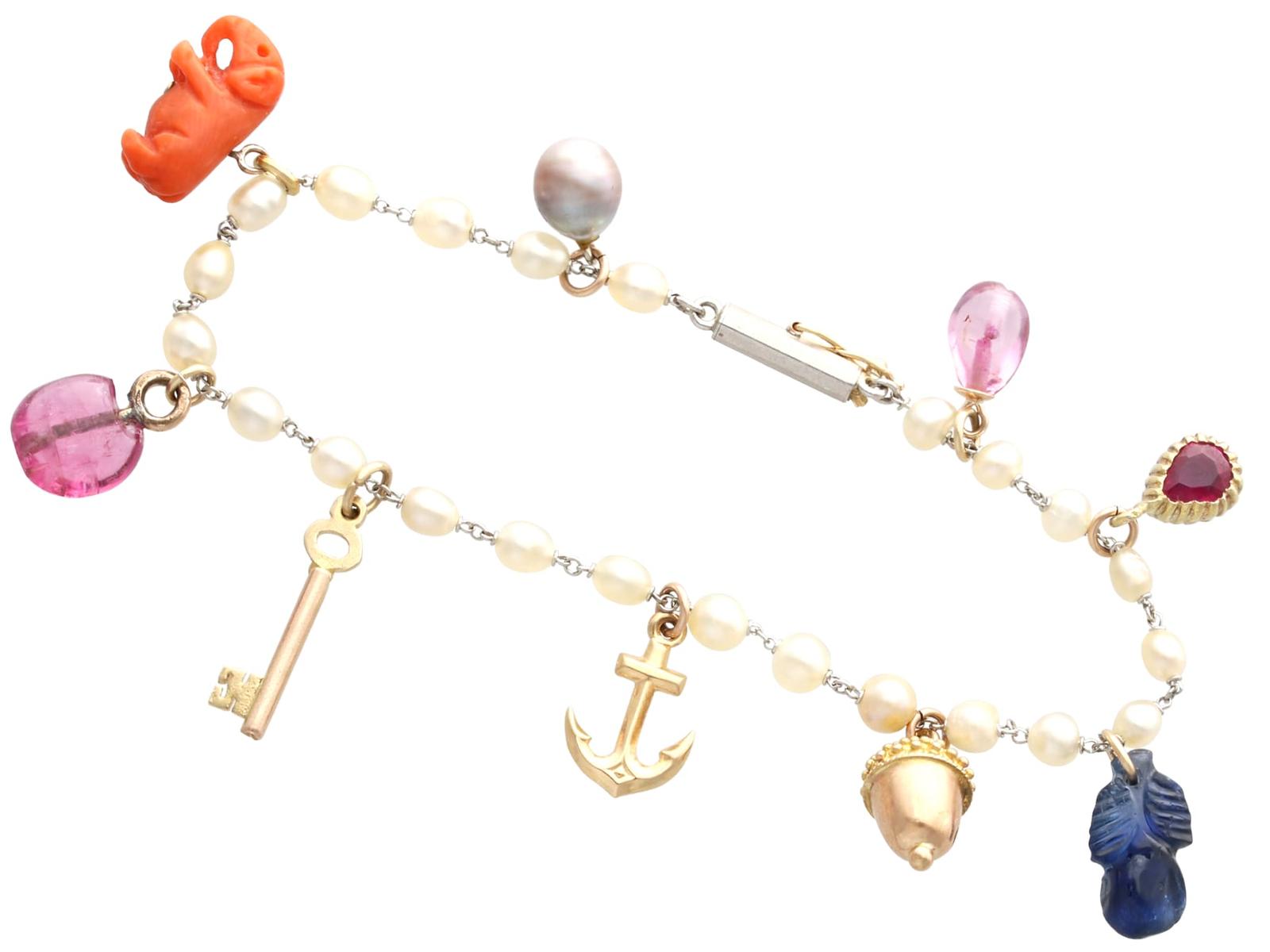 Antique Edwardian Natural Pearl & Gemstone, 18ct Yellow Gold & Platinum Charm Bracelet (1 of 16) Antique Edwardian Natural Pearl & Gemstone, 18ct Yellow Gold & Platinum Charm Bracelet (1 of 16)