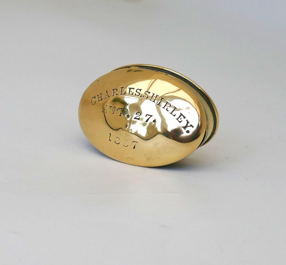 Antique 19th Century Single Brass Miners Snuff Box Engraved Charles Shirley - Aug 27 1887 (1 of 5) Antique 19th Century Single Brass Miners Snuff Box Engraved Charles Shirley - Aug 27 1887 (1 of 5)